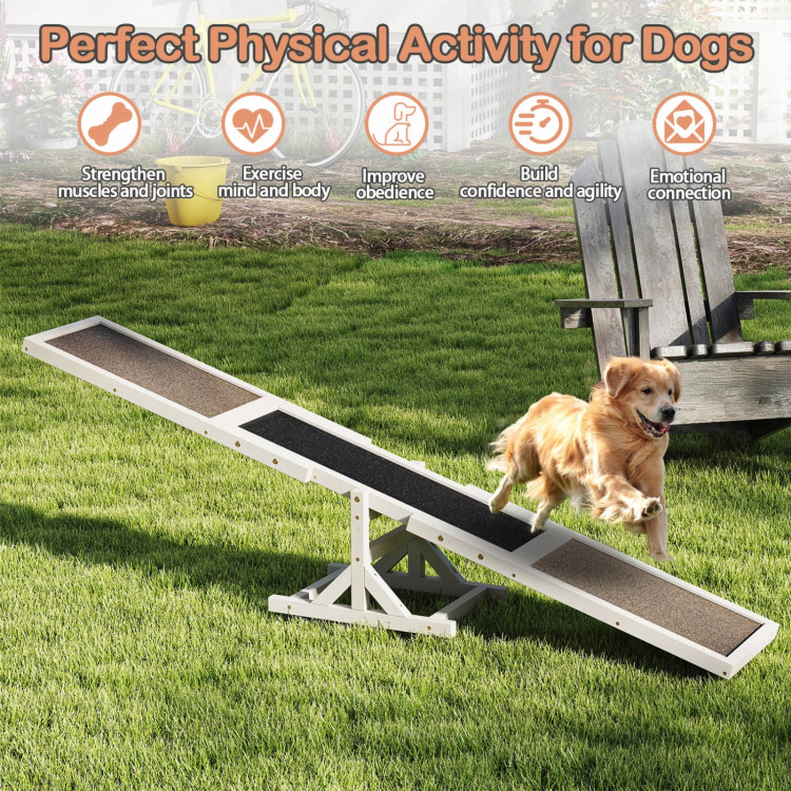 SUGIFT Wooden Dog Agility Seesaw Pet Bed and Training Ramp 66-lb Capacity Outdoor Obstacle Course Toy Gray/White