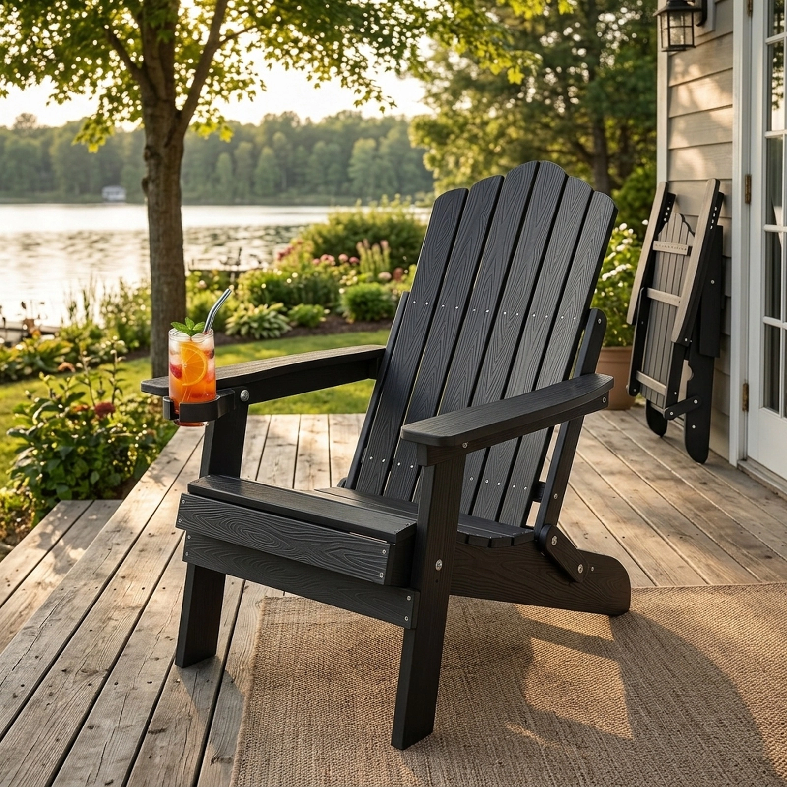 SUGIFT Black Folding Adirondack Lounge Chair, Reclines to 135 Degrees with Swivel Cup Holder