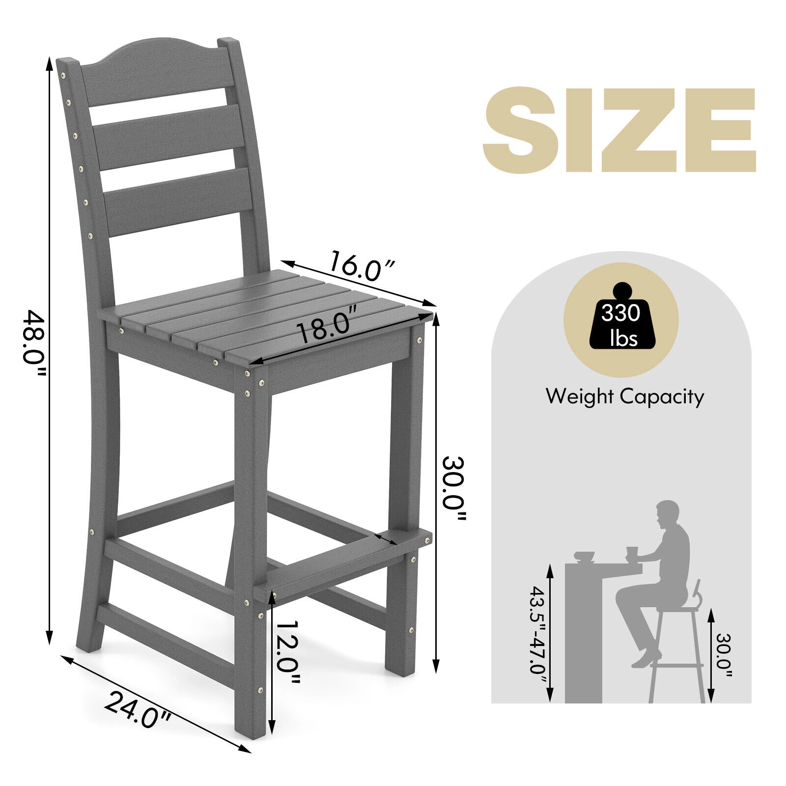 SUGIFT Gray 30-Inch Counter-Height Outdoor Bar Stool, 360-Lb Capacity