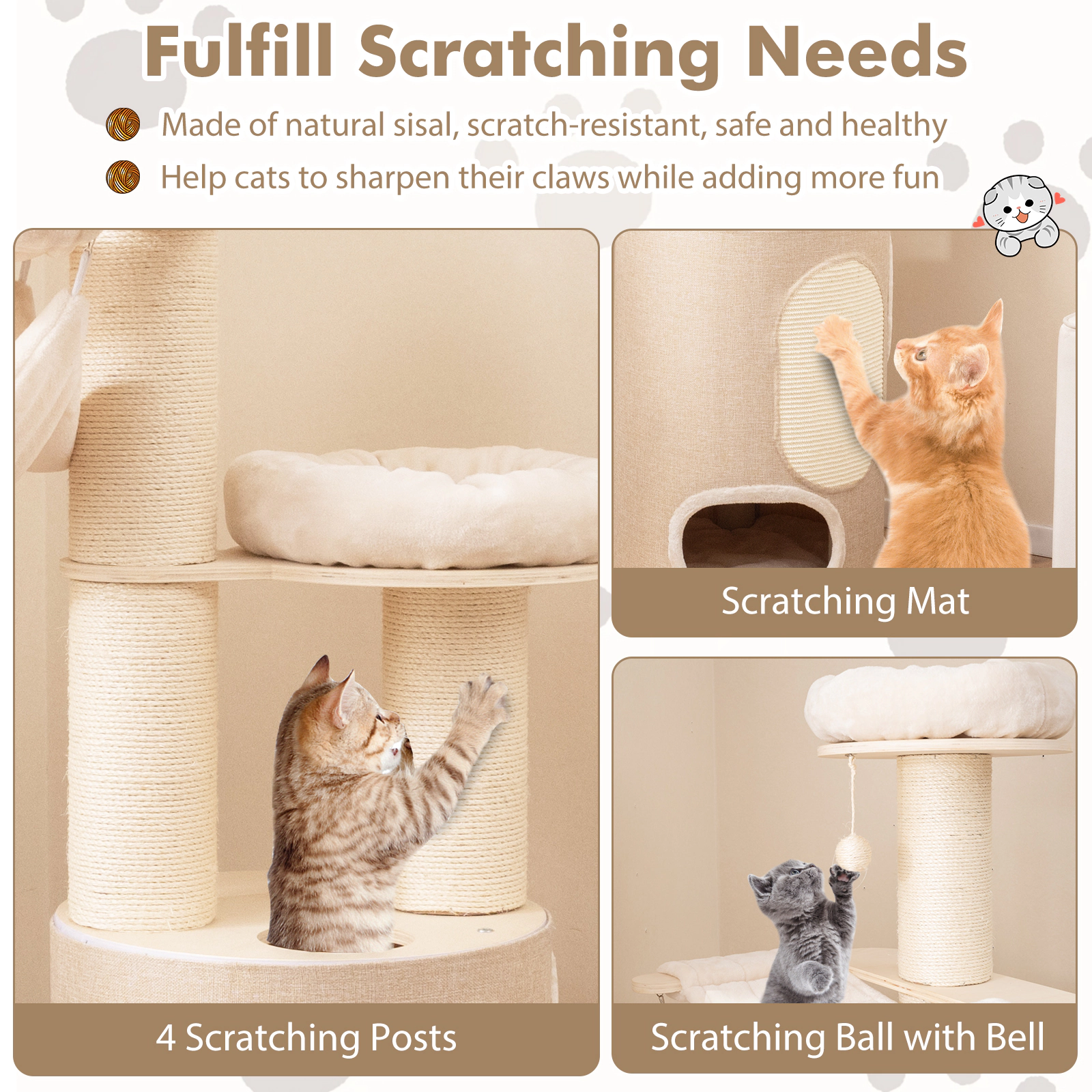Glintex 74-Inch Cat Tower with 2-Story Bamboo-Lined Condo and 2 Hammocks, Natural