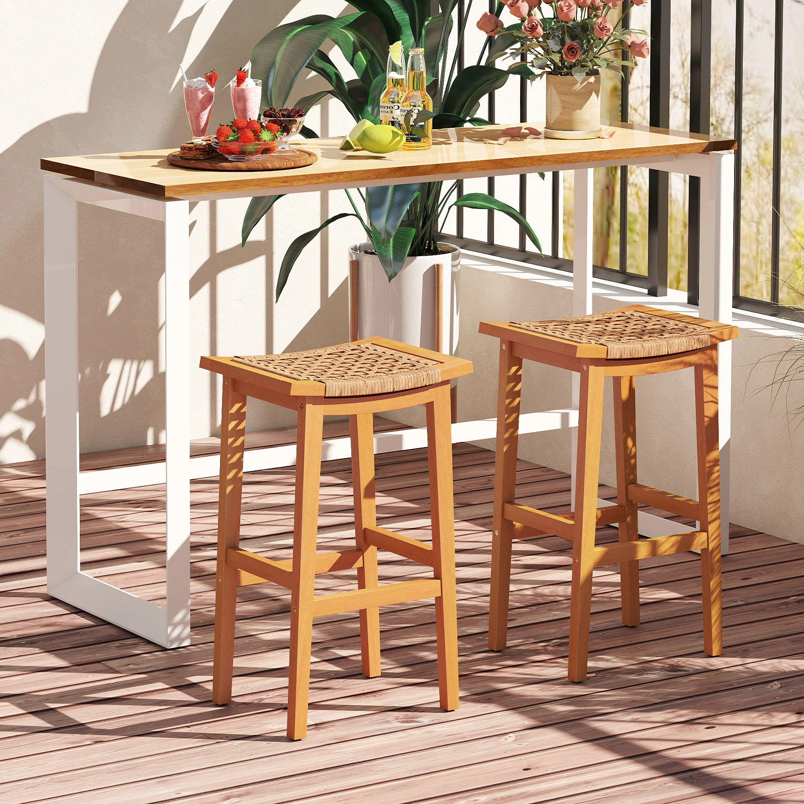 LJG Outdoor Acacia Wood Bar Stools Set of 2 with PE Rattan Seats and Backrests