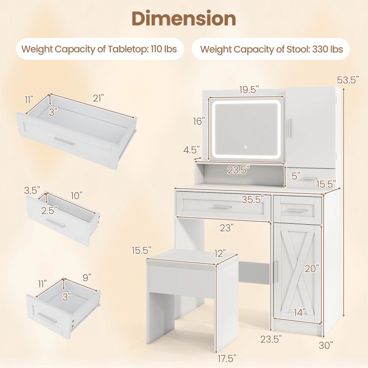 Hivvago Makeup Vanity Desk With Mirror And Lights Dressing Table And Stool Set