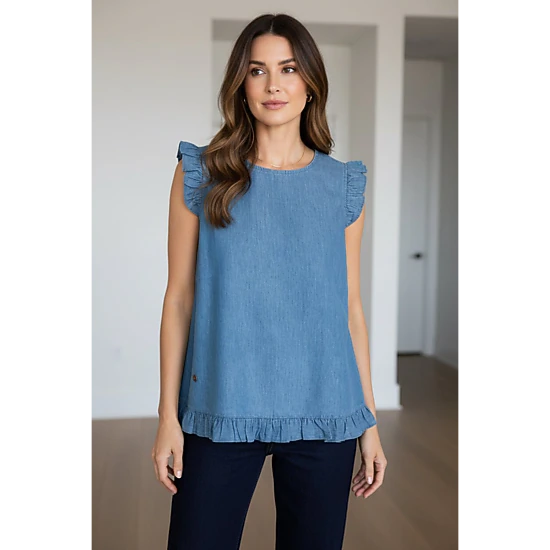 DressAtR Women's Blue Denim Ruffle Sleeveless Round Neck Back Button Blouse