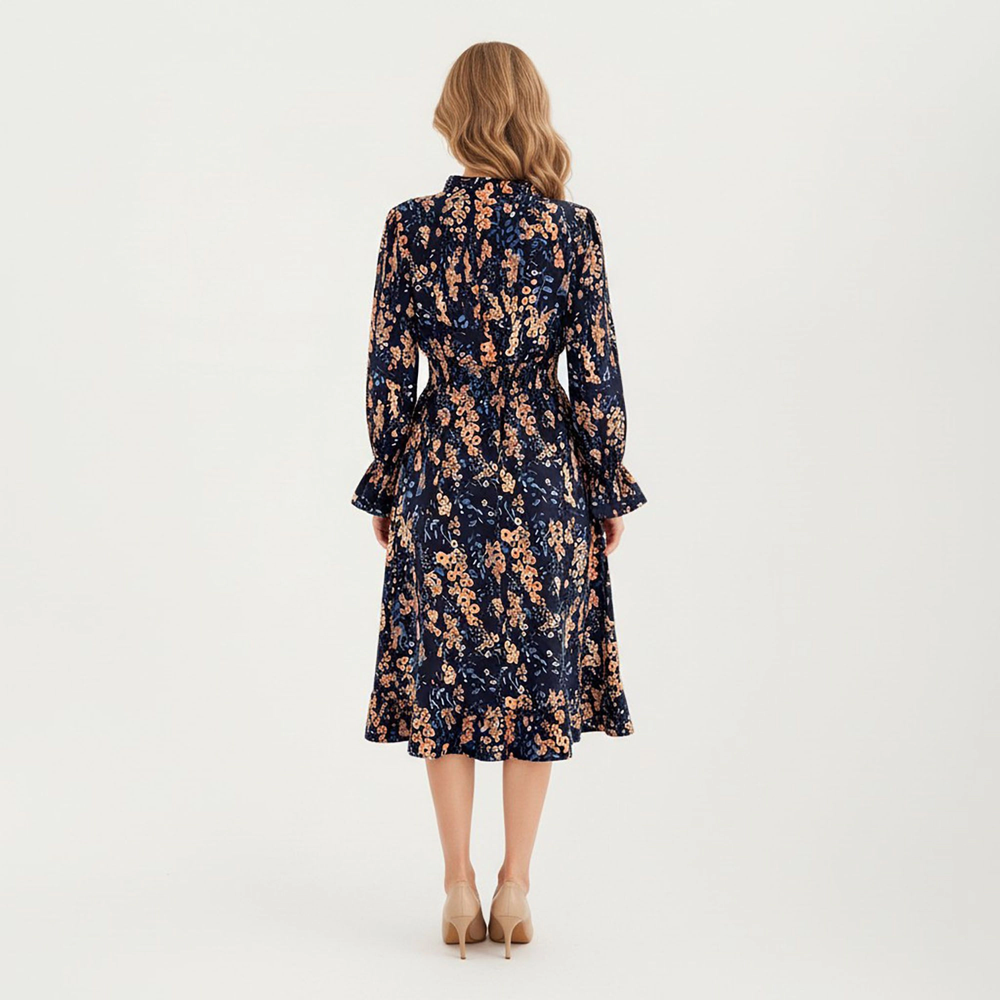 Anna-Kaci Women's Floral Print Smocked Waist Long Sleeve V Neck Ruffle Hem Dress