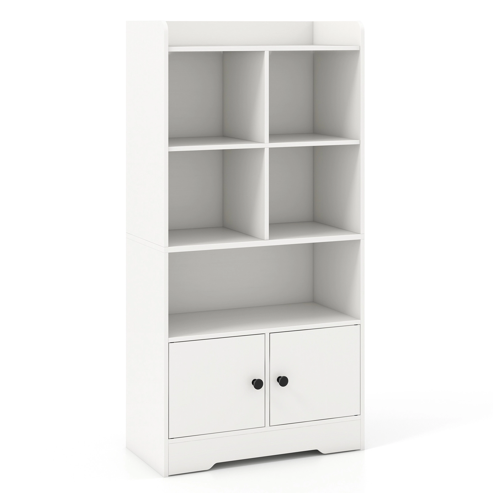 SUGIFT 4-Tier Engineered Wood Bookshelf with 4 Cube Display Shelf and 2-Door Cabinet 44-lb Top Layer Capacity White