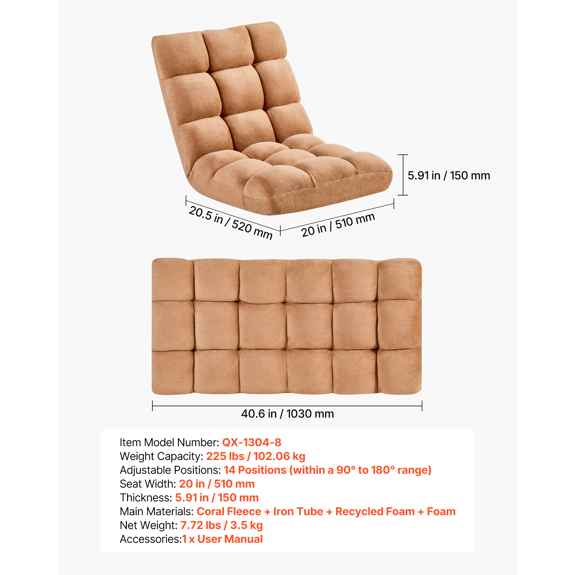 HONGGE Floor Chair 5 Adjustable Positions Folding Gaming with Ergonomic Back Support Sturdy Metal Frame