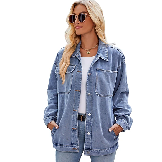 EadianDree Womens Oversized Lapel Denim Jacket Multi Pockets Long Sleeve Button Front Outerwear