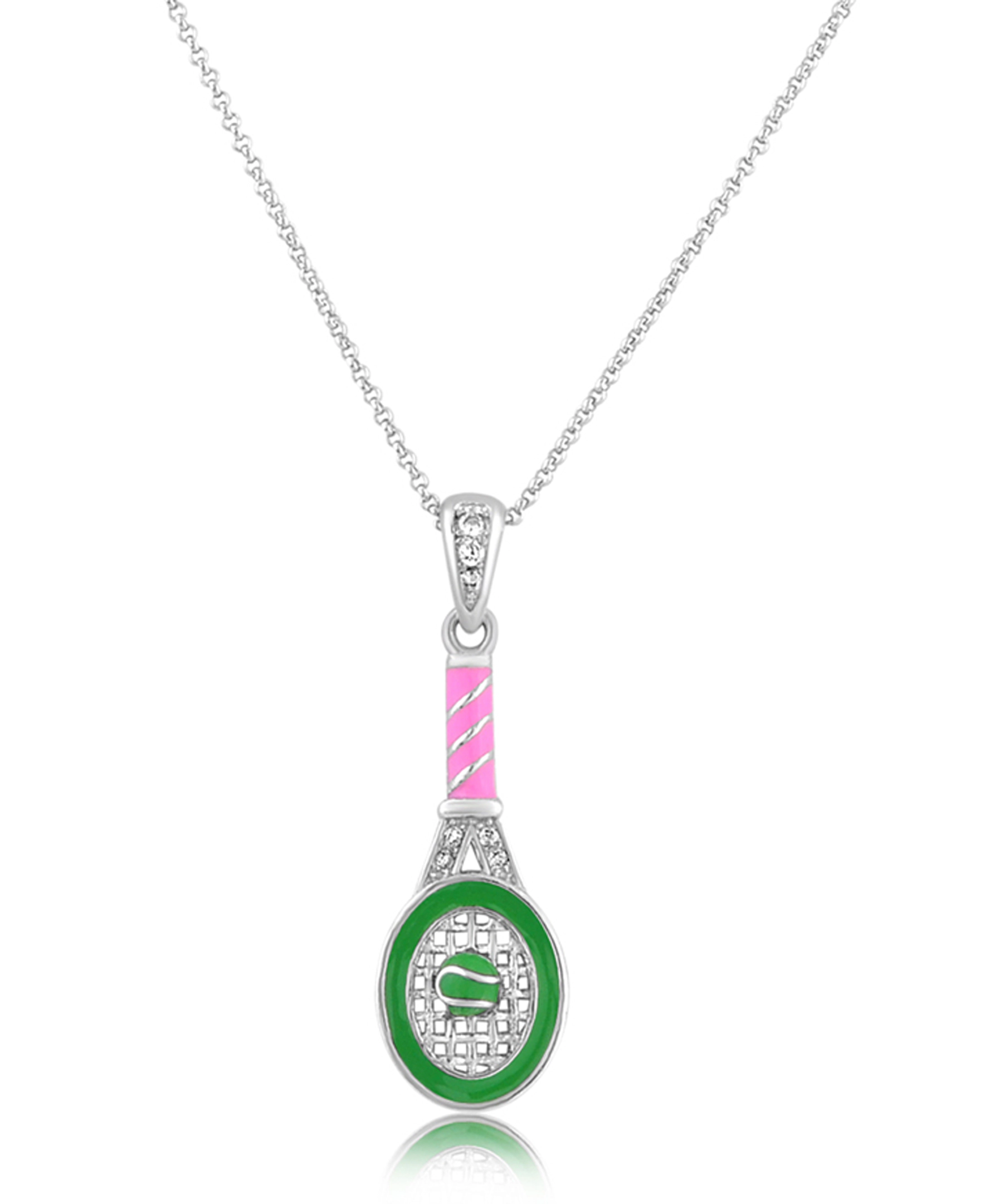 CHANTEUR Kids Tennis Racket Pendant Necklace - Green & Pink Crystal, White Gold Palladium Plating, 6-inch