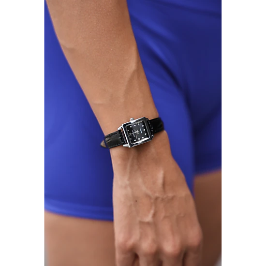 Peugeot Women's 20mm Square Watch with Glossy Black Leather Strap