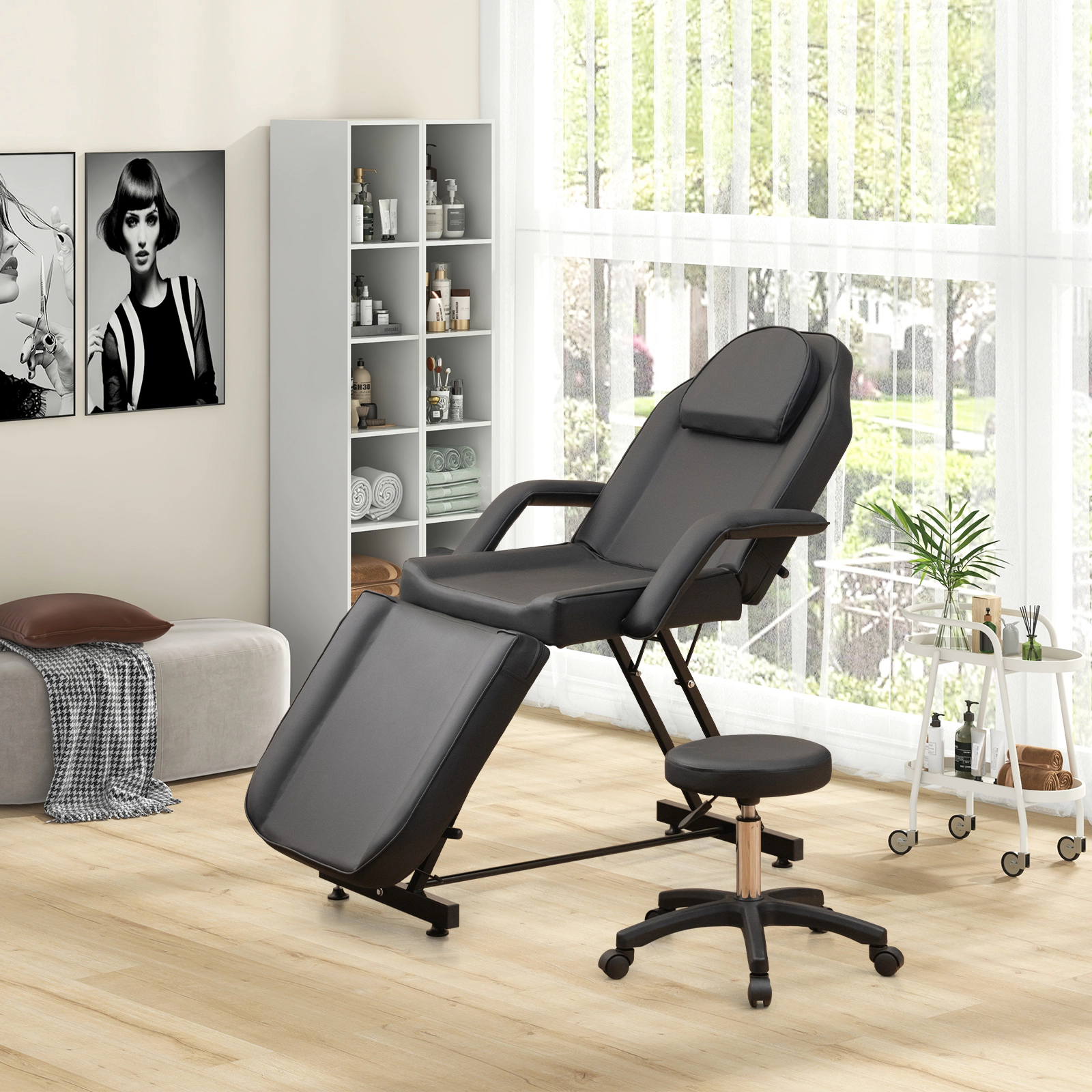 SUGIFT Black Facial Bed and Salon Stool Set with Removable Headrest and Towel Rack 73-in W 440-lb Chair Capacity