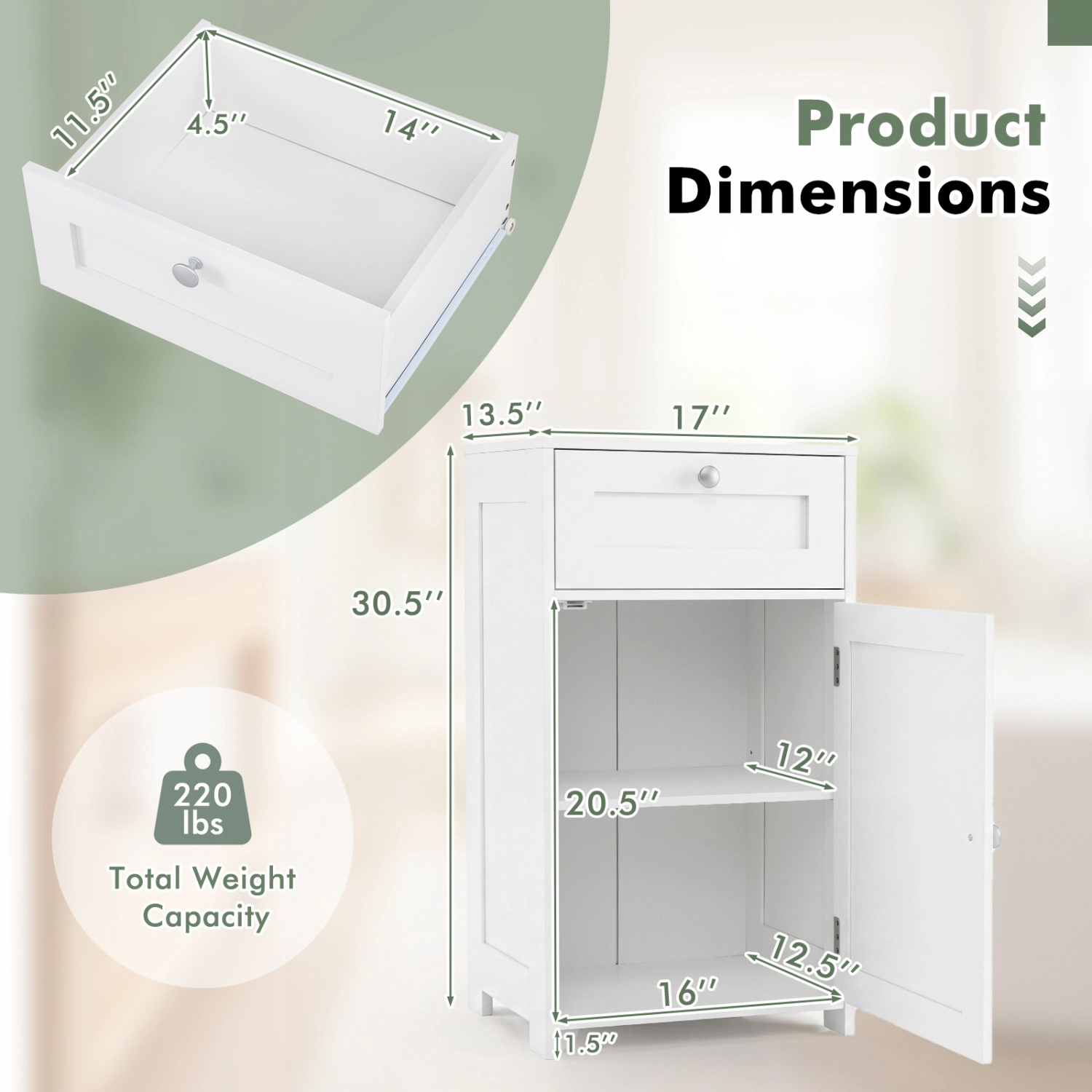 SlickBlue Bathroom Storage Cabinet with Drawer and Adjustable Shelf
