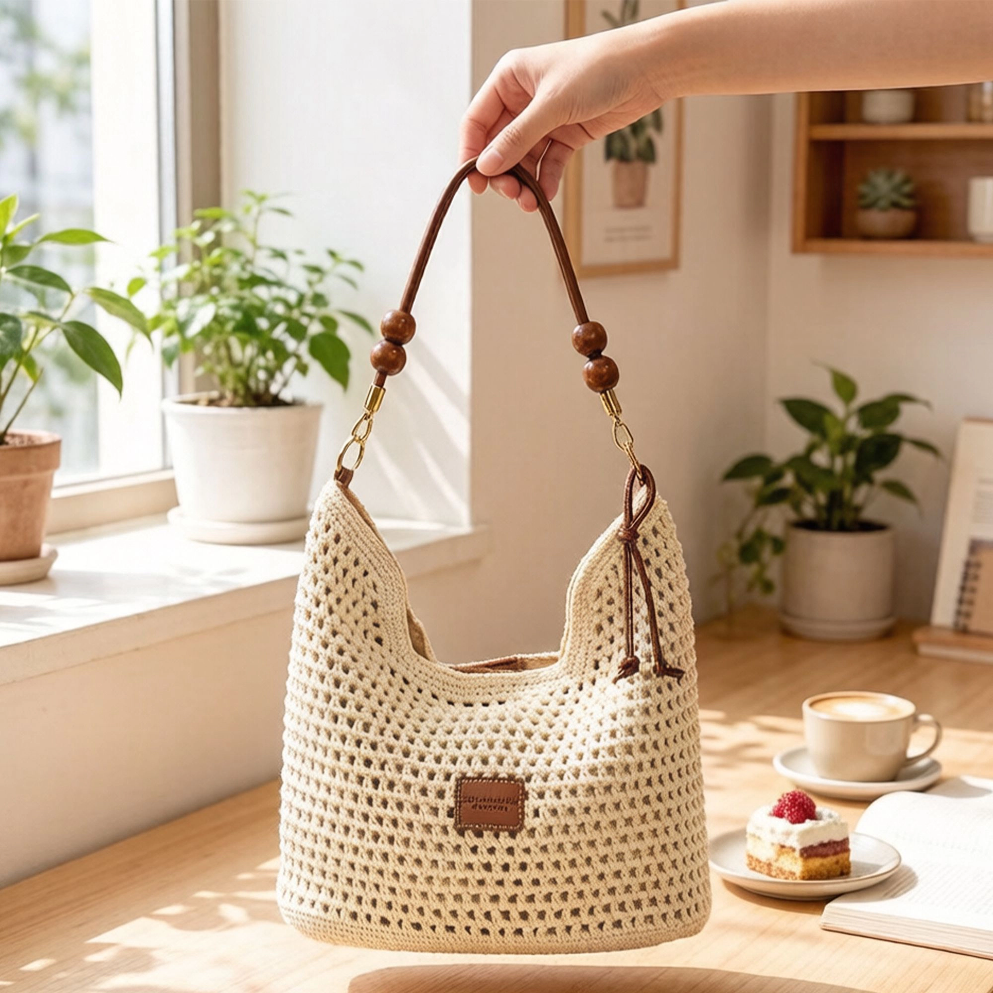Alilang Women's Crochet Shoulder Bag with Wooden Bead Strap Knit Hobo Handbag Lined Casual Everyday Tote