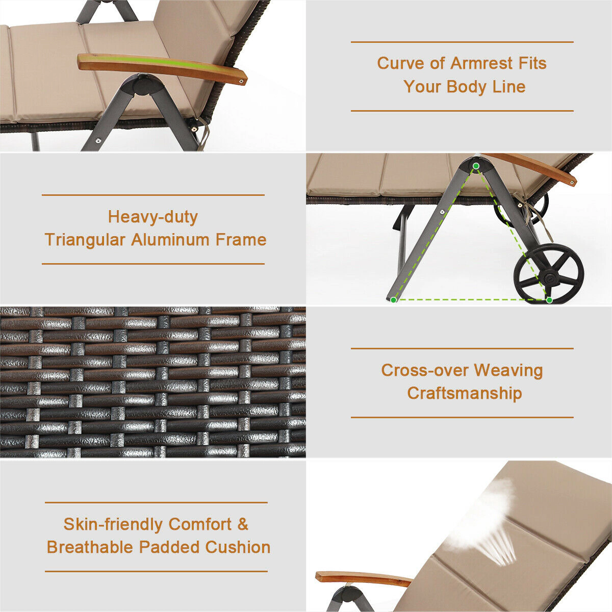 SUGIFT Removable Wheels 385-lb Outdoor Rattan Chaise Lounge Recliner 7-Position Backrest