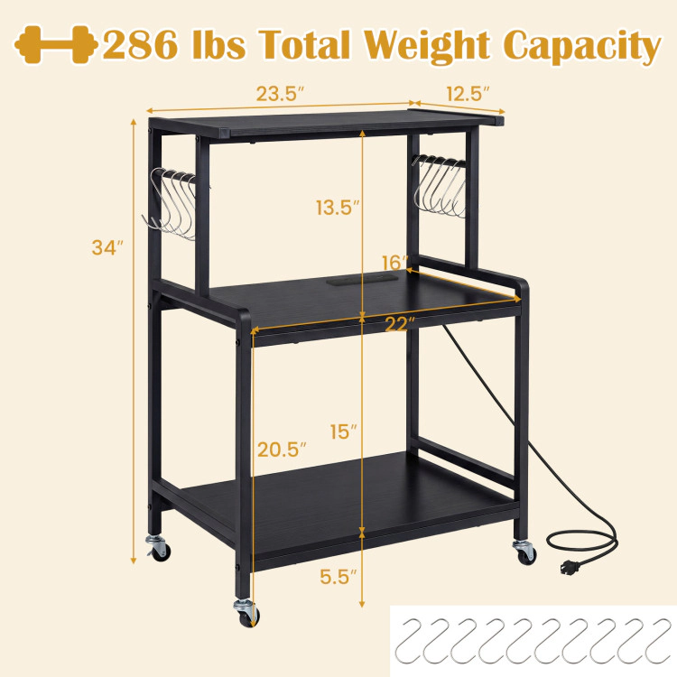 Hivvago 3-Tier Rolling Microwave Cart with Power Outlet and Lockable Wheels 10 Hooks