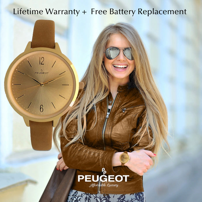 Peugeot Women's 38mm Tan Watch Minimalist Skinny 11mm Strap Watch
