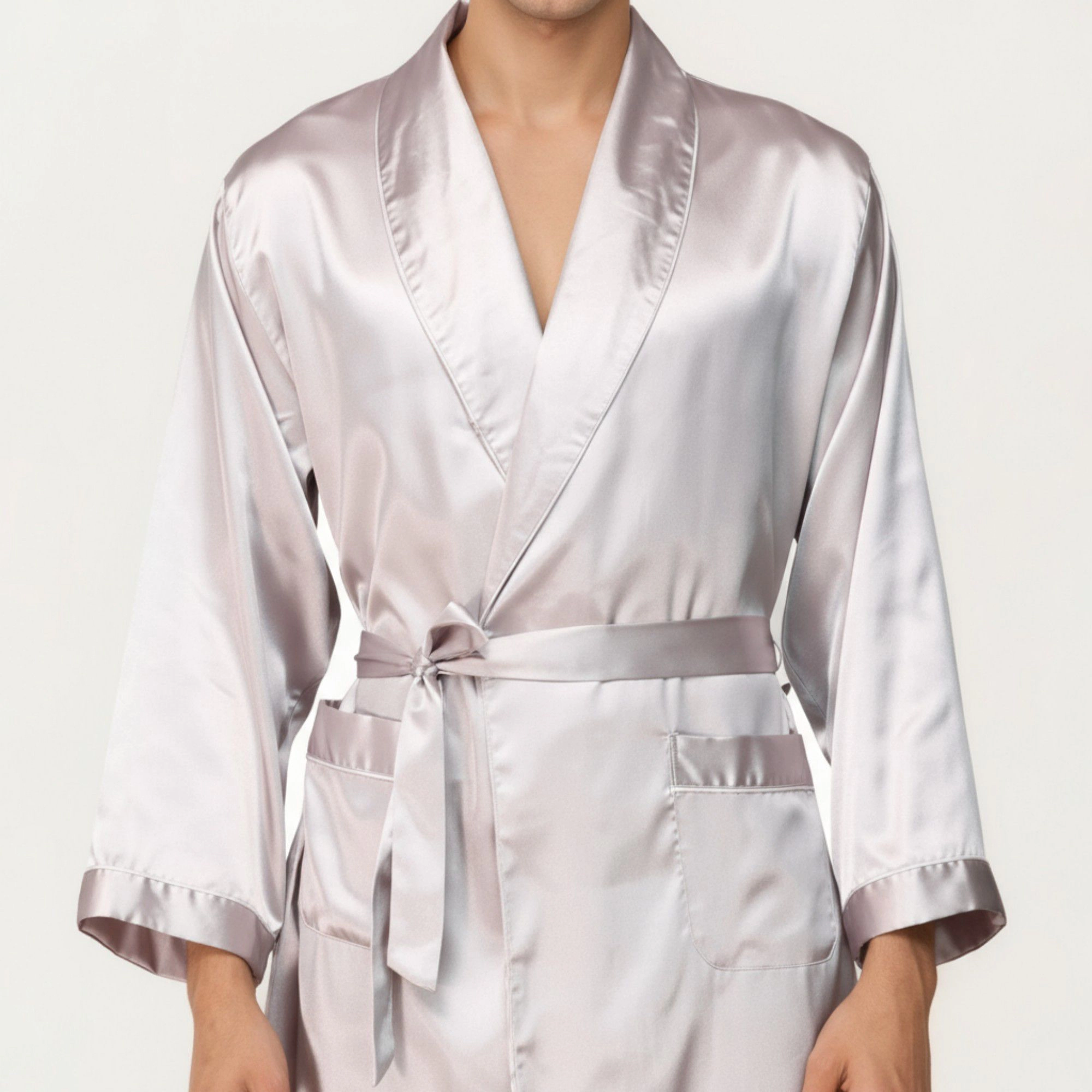 Anna-Kaci Men's Satin Robe with Shawl Collar Waist Tie and Front Pockets