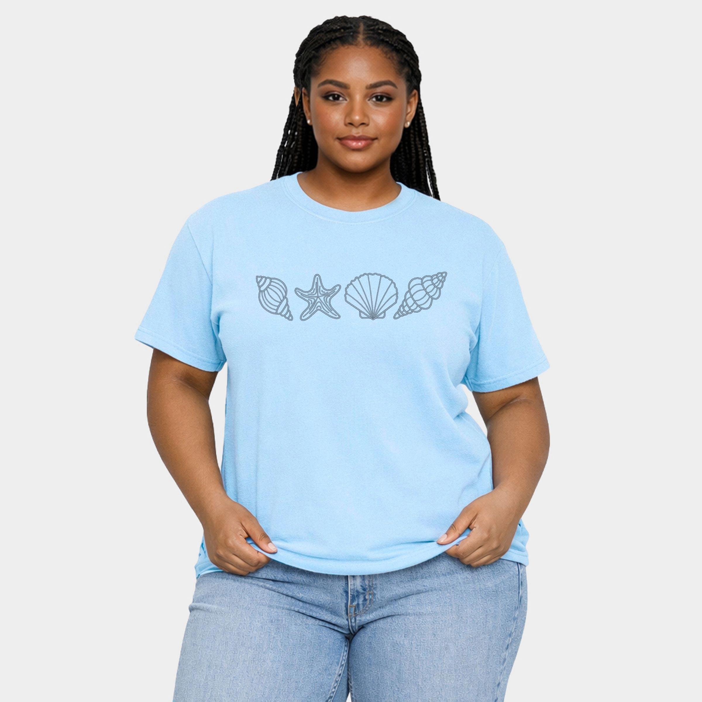 Simply Sage Market - Embroidered Seashells Women's Plus Sized Garment Dyed Graphic T-Shirt
