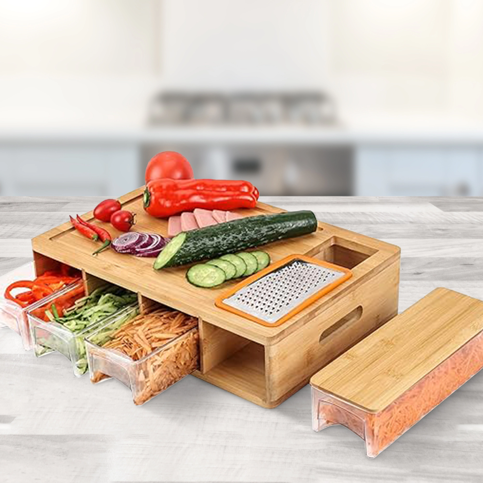 Cheer Collection Bamboo Cutting Board with 4 Graters, 4 Prep Trays with Lids and Juice Groove