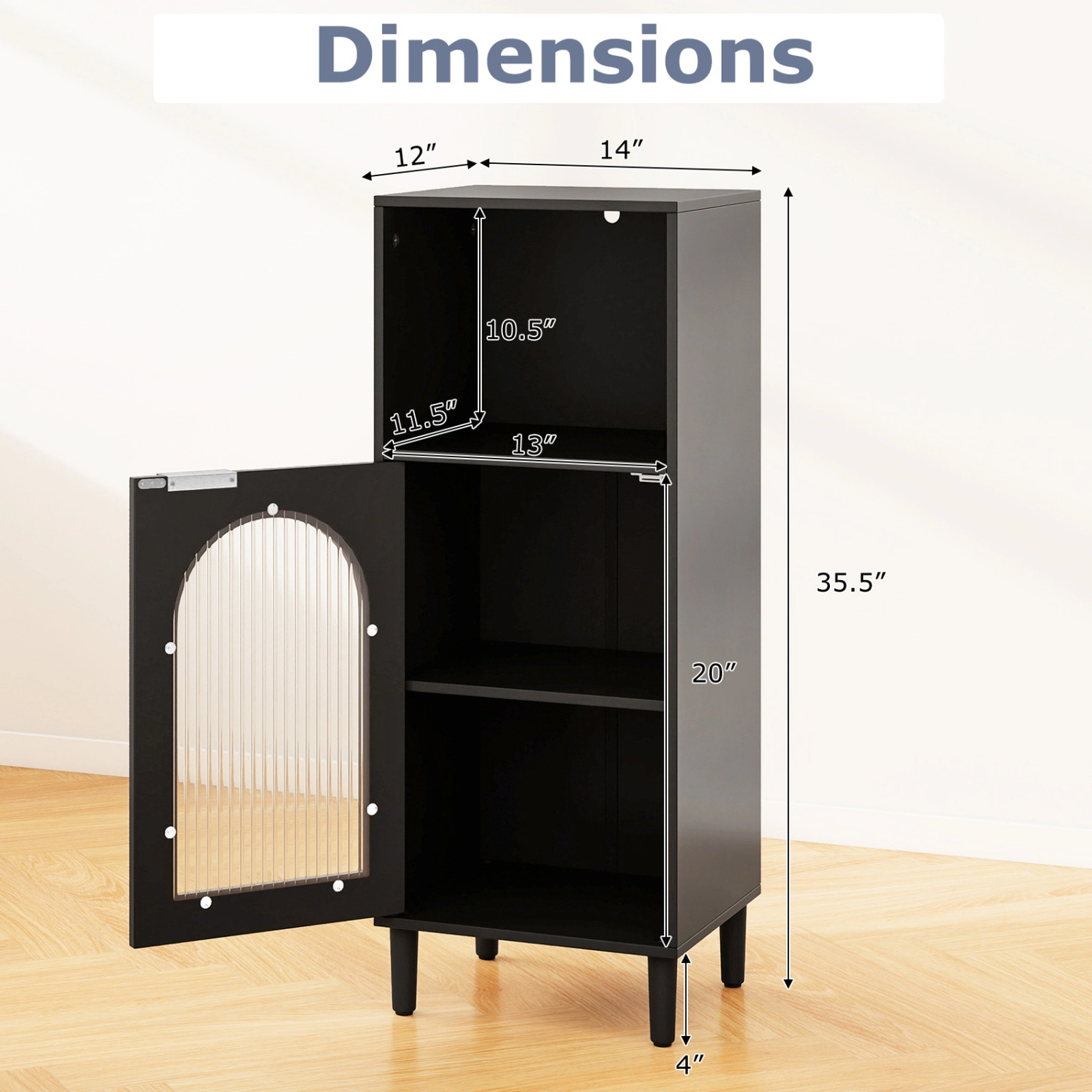 SUGIFT Black 110-lb Top Bathroom Floor Storage Cabinet with Wavy Tempered Glass Door and Adjustable Shelf