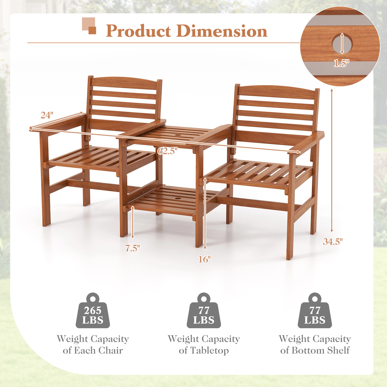 SUGIFT Natural Wood 2-Seat Patio Conversation Set with Umbrella Hole 62.5-in W 24-in D 265-lb Chair Capacity