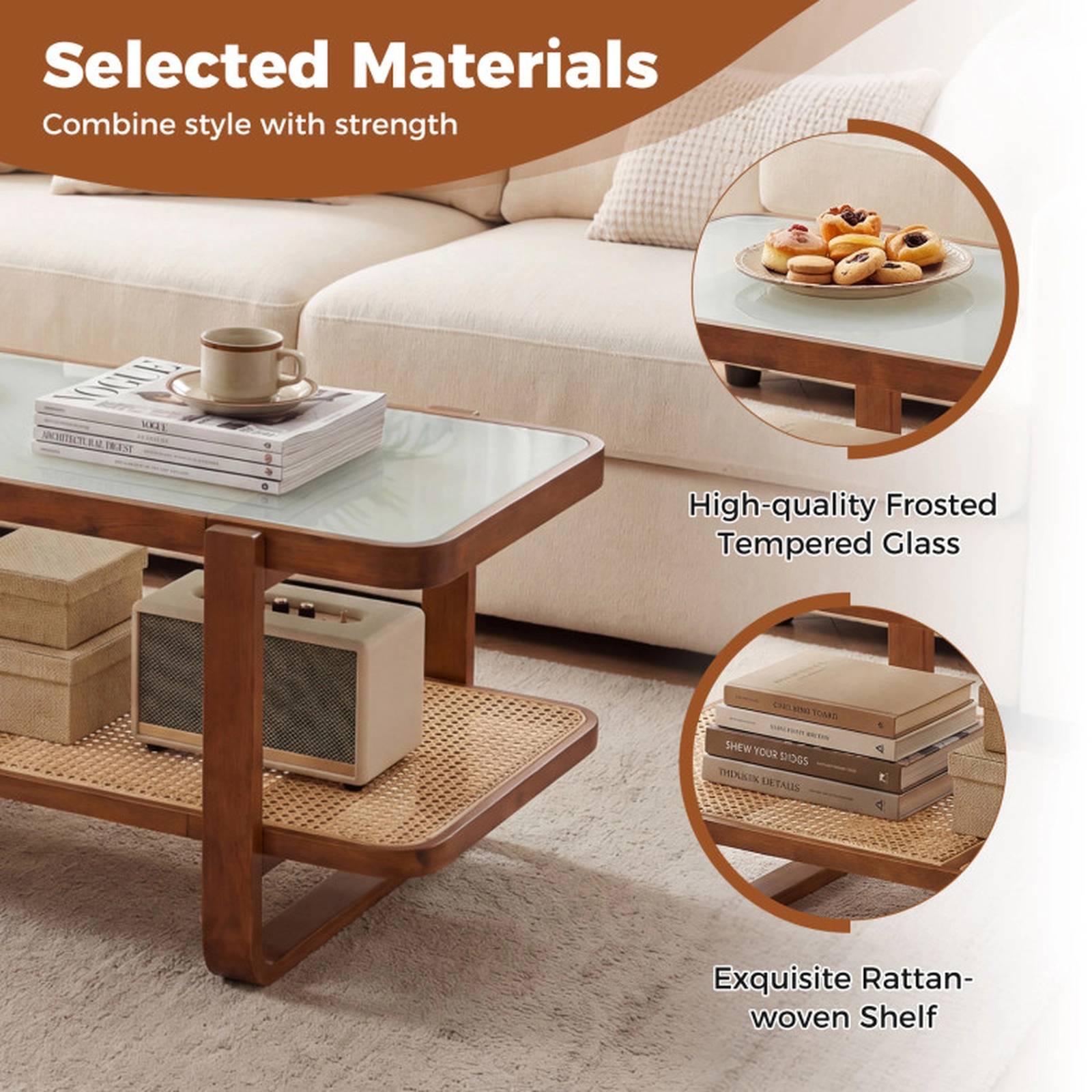 SUGIFT 2-Tier Rattan Coffee Table with Tempered Glass Top and Storage Shelf 41.5 x 20 x 18 in 220-lb Capacity Walnut