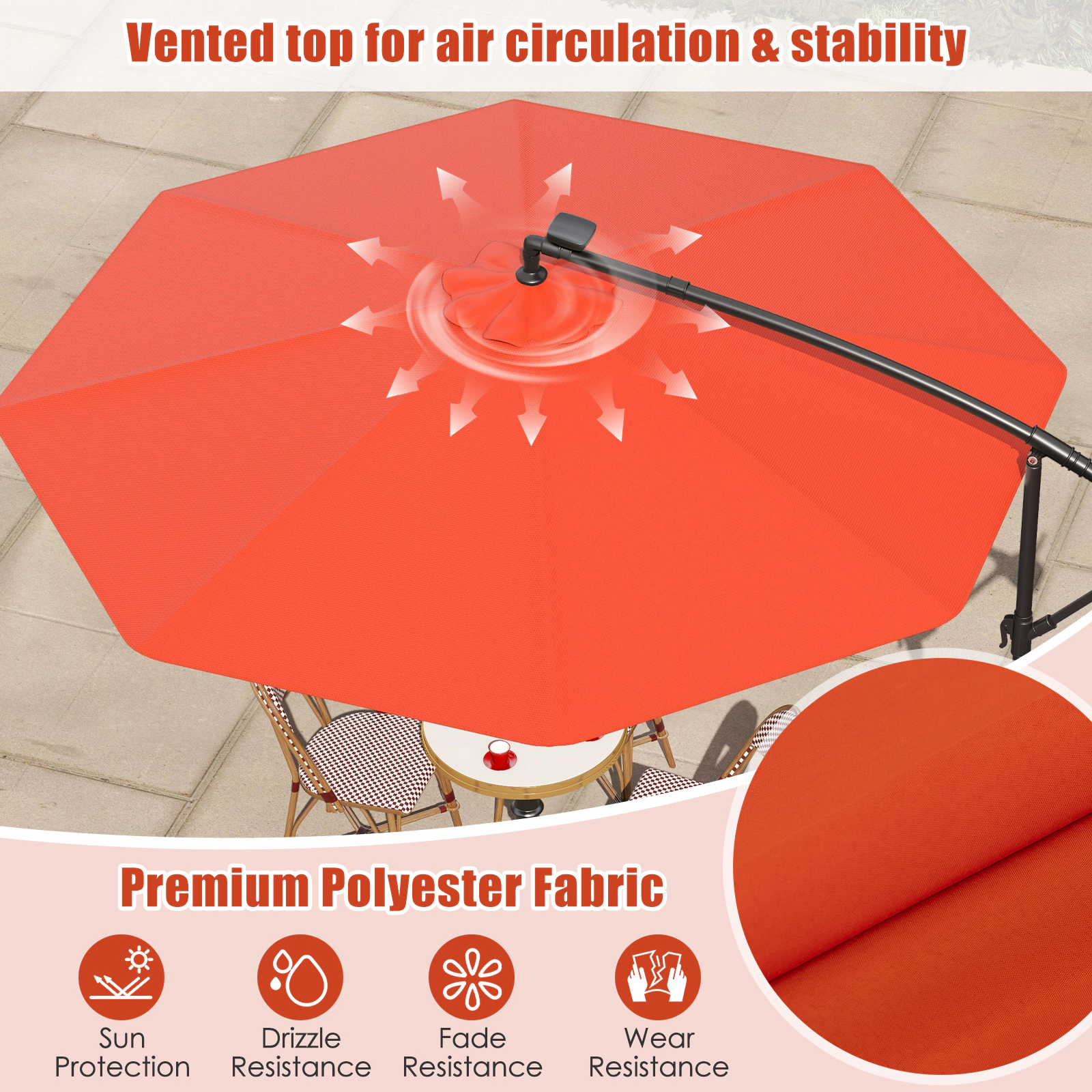 SUGIFT 10-ft Orange Solar LED Offset Patio Umbrella, 40 Lights, Manual Tilt, Crank Lift, Cross Base