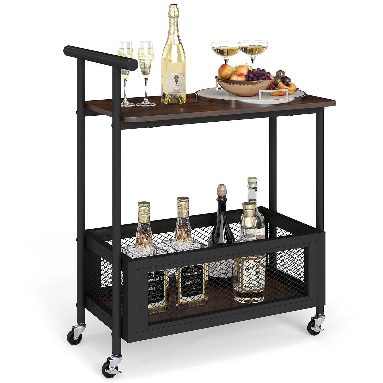 Glintex 2-Tier Rolling End Table with Push Handle and Guardrailed Bottom Shelf, Rustic Brown