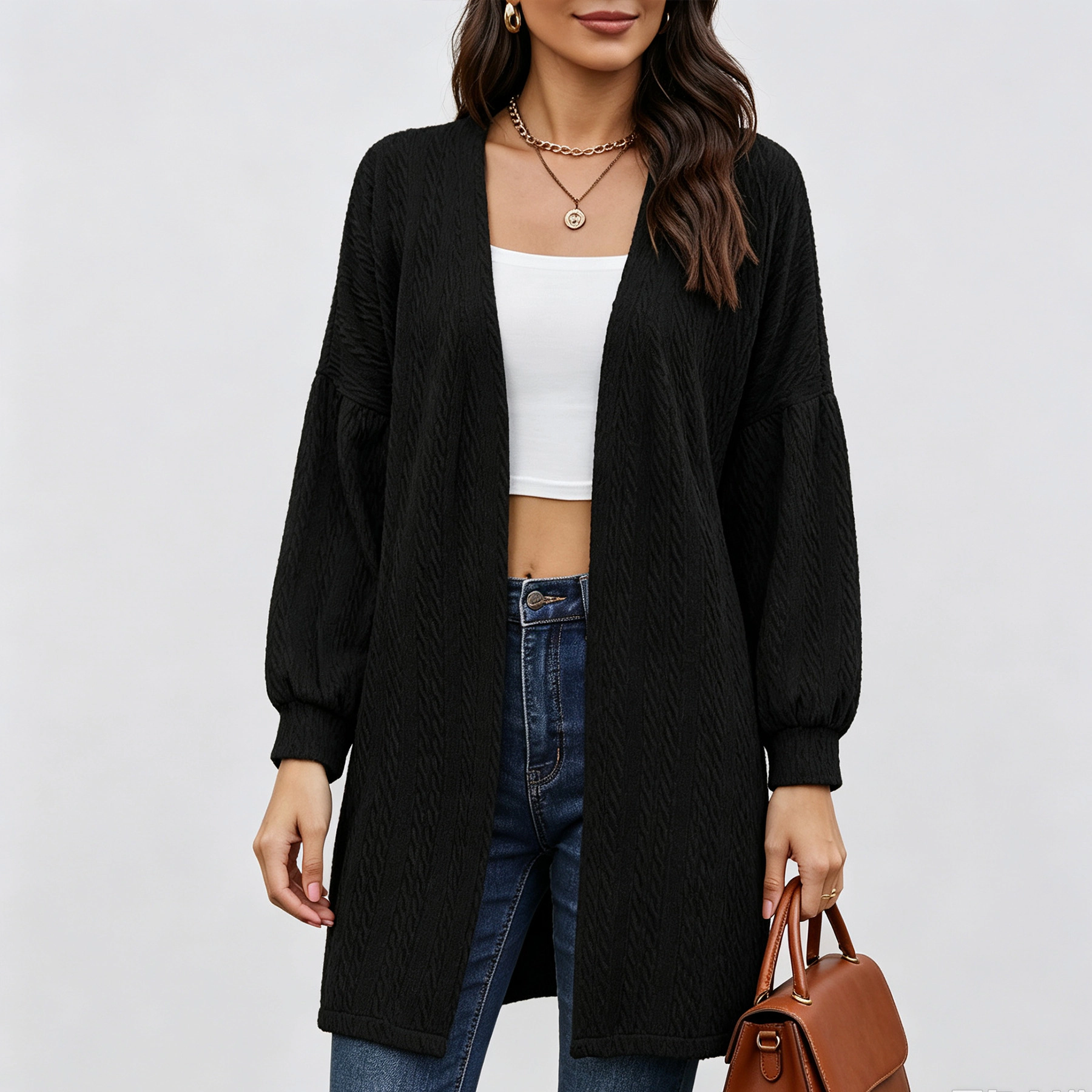 YesFashion Women Open Front Long Cardigans Lightweight Puff Sleeve Loose Fall Casual Outerwear