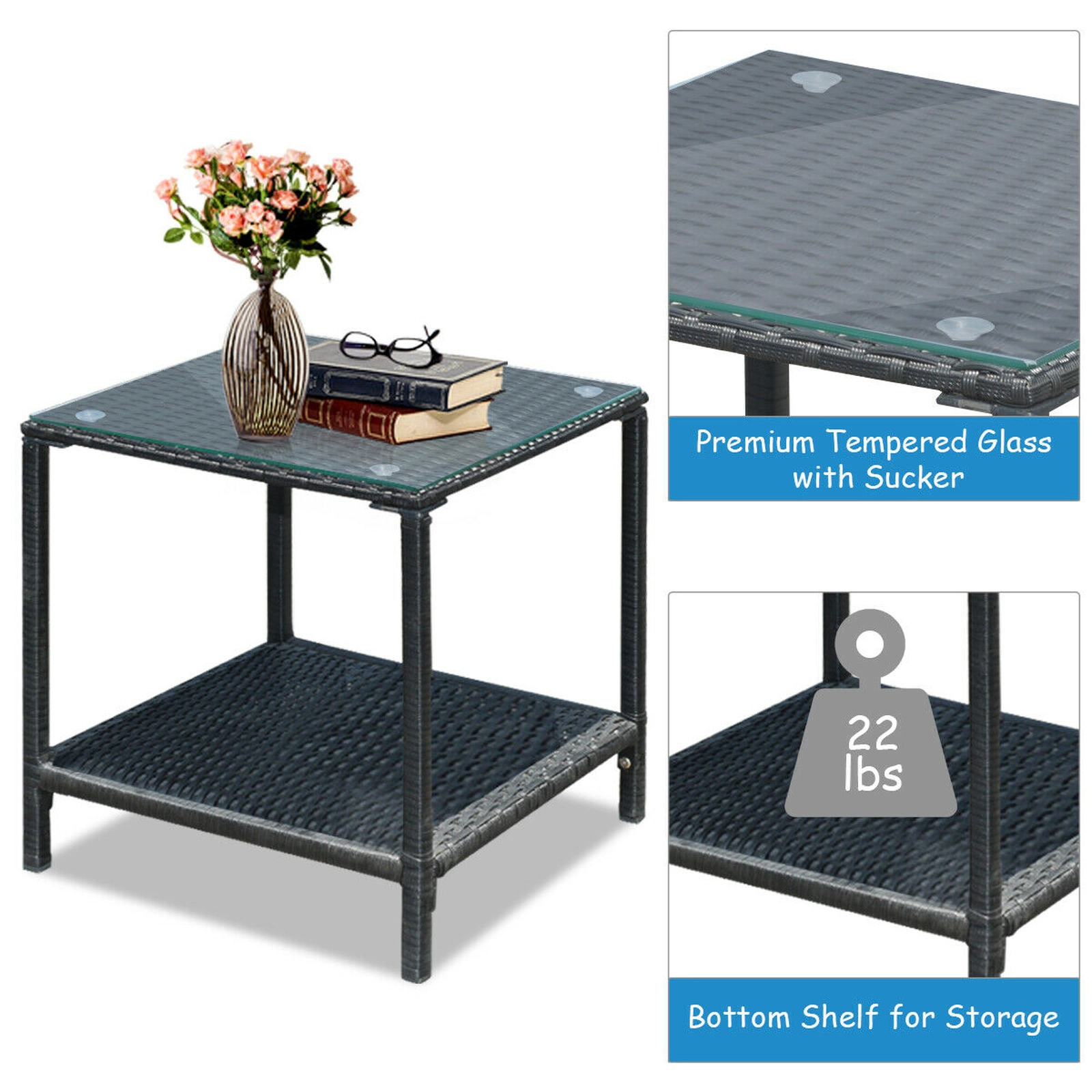 SUGIFT 3-Piece Blue Wicker Rocking Bistro Set with Cushions and Glass Table