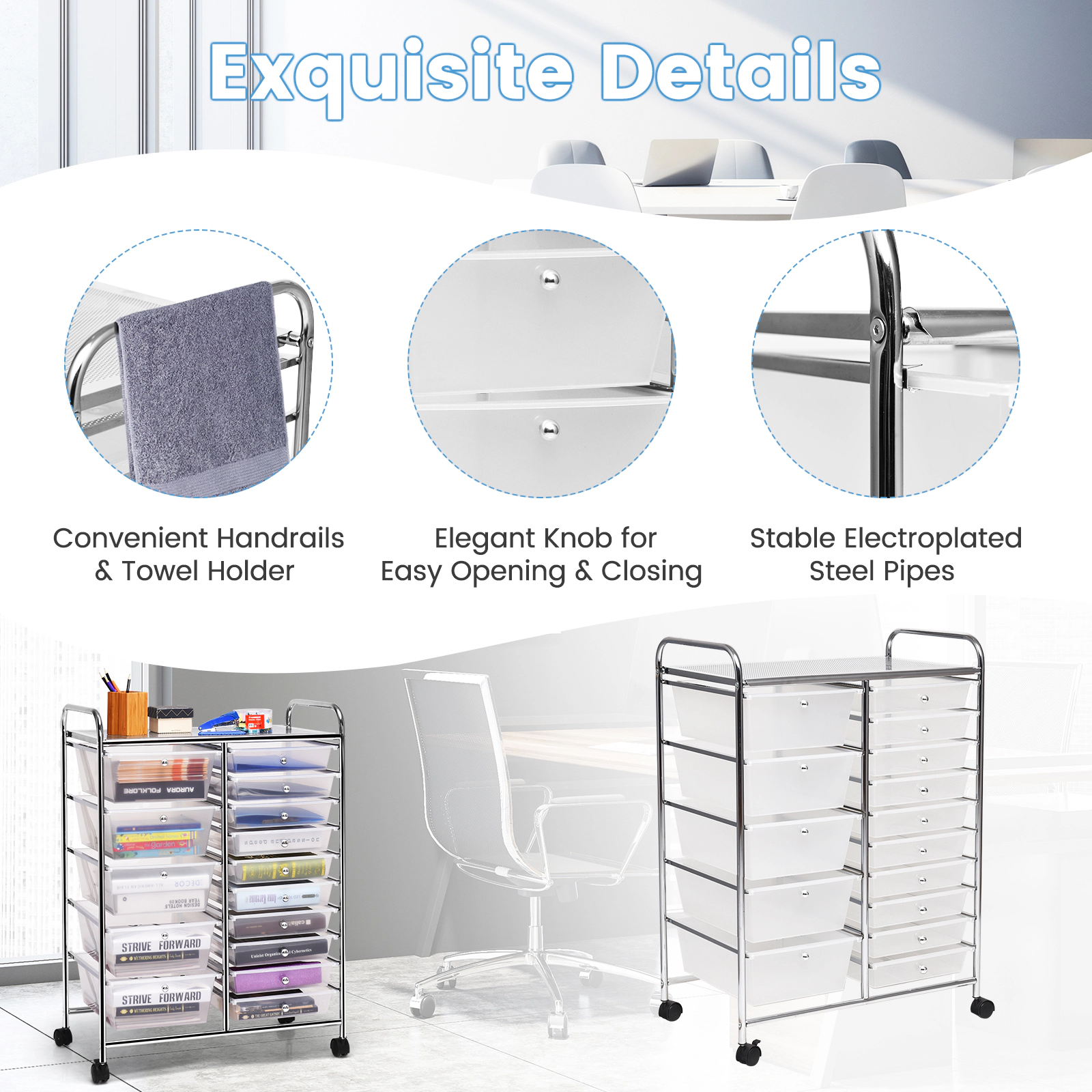SUGIFT Clear 34-in 15-Drawer Rolling Cart Small Parts Organizer for Garage Hardware with Locking Casters