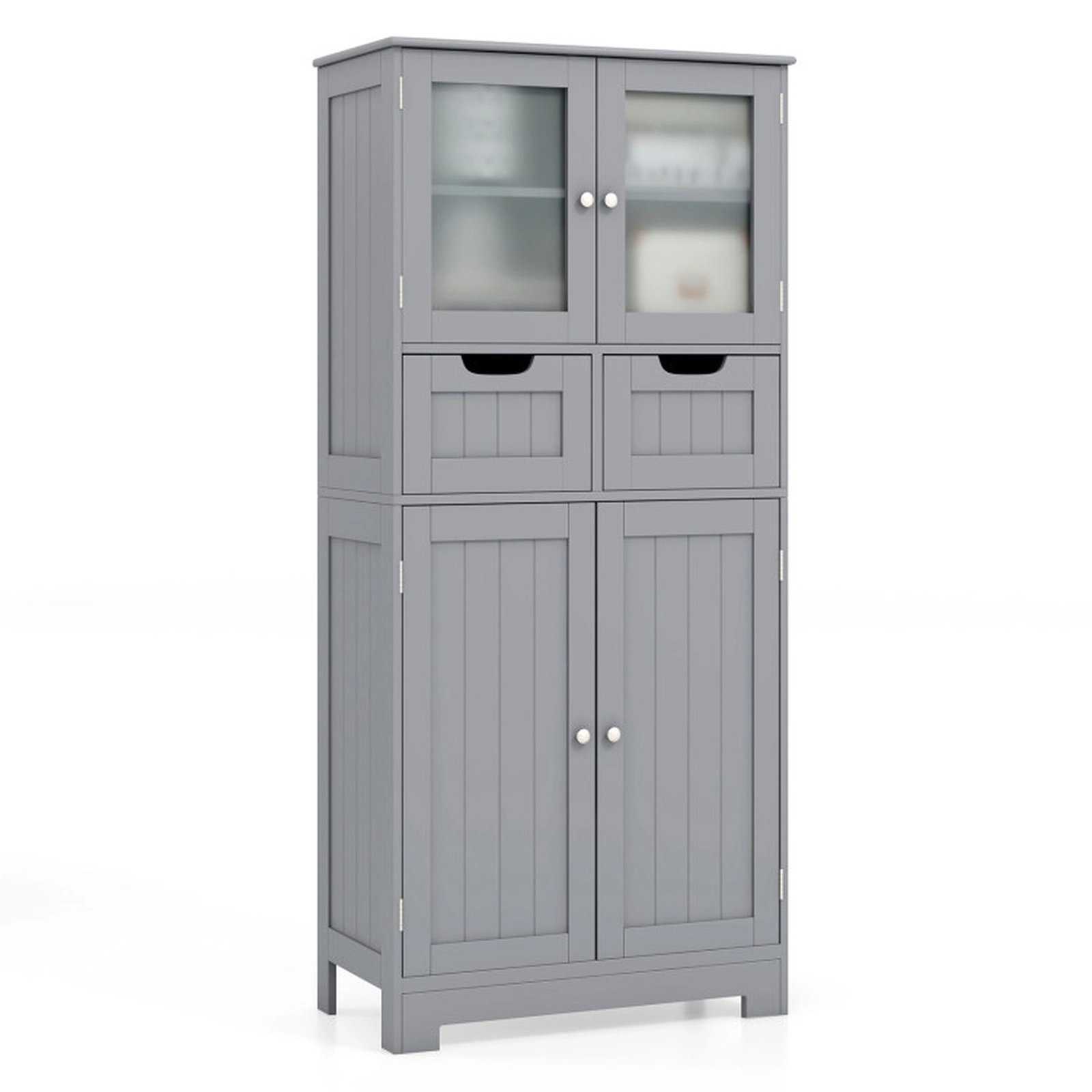 SUGIFT Gray 4-Door 44-lb Top Freestanding Bathroom Storage Cabinet with 2 Drawers and Tempered Glass Doors