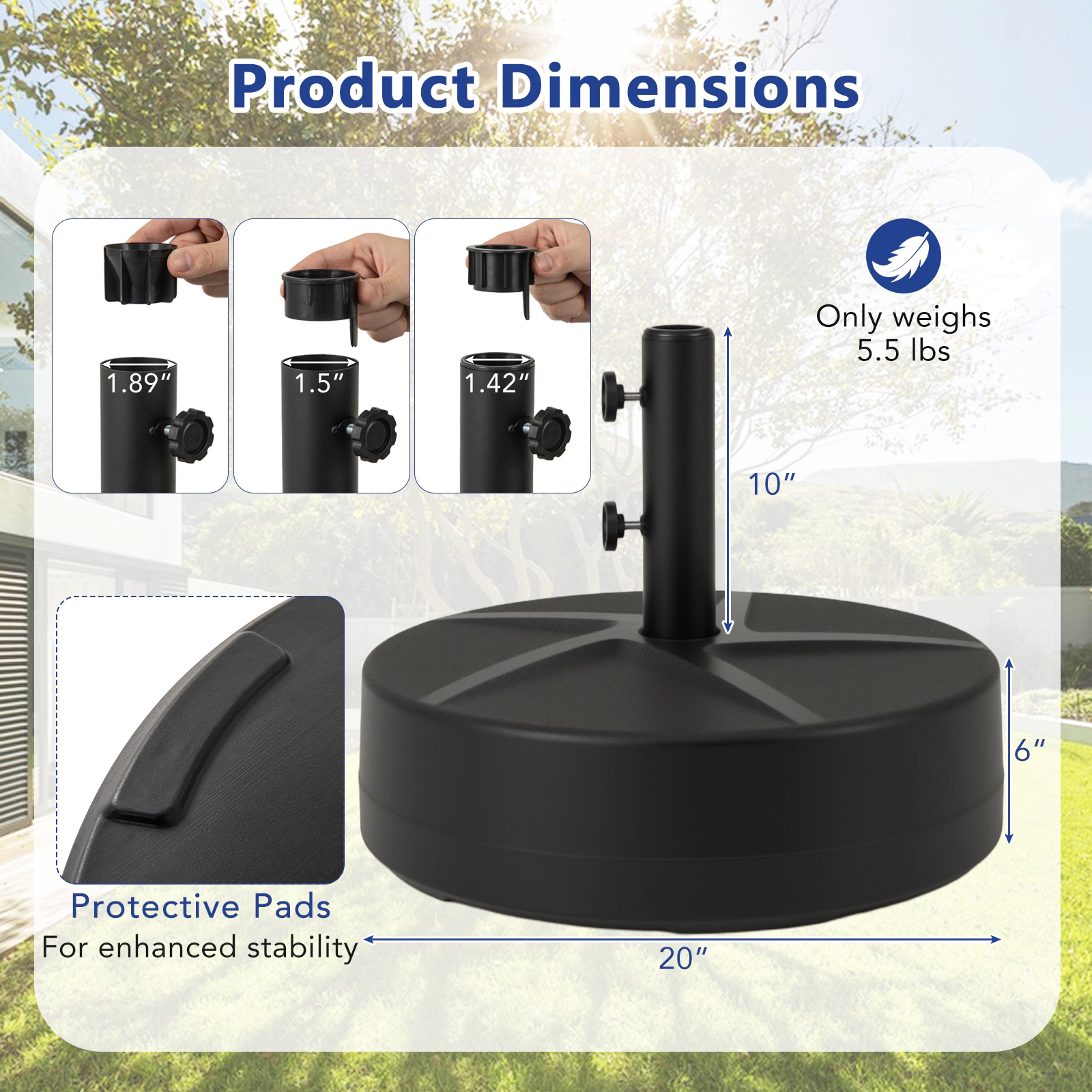 Slickblue Lightweight Fillable Patio Umbrella Base with Metal Support Pole Black