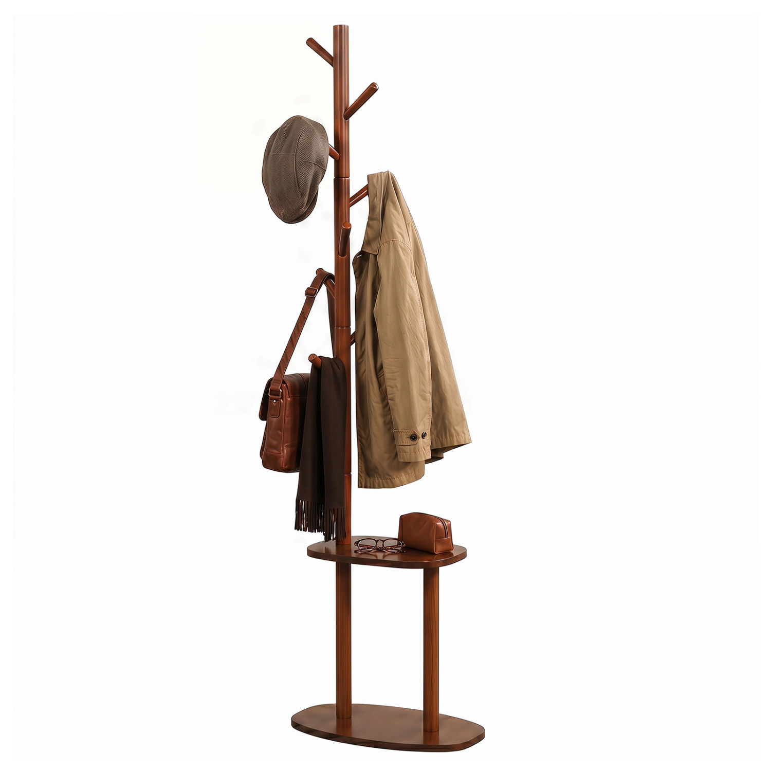 Glintex 70-Inch Coat Rack with 8 Staggered Rubber Wood Hooks and 2 Shelves, Walnut