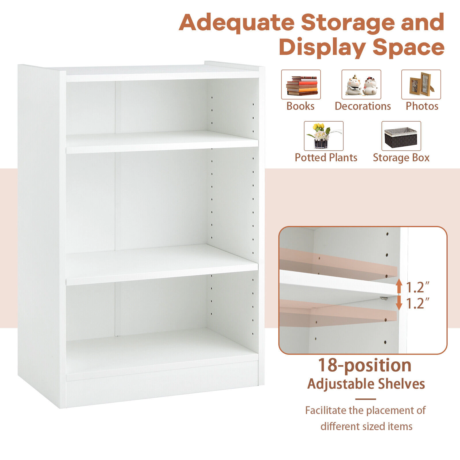 SUGIFT White 3-Tier Bookcase Open Display Rack with 18-Position Adjustable Shelves
