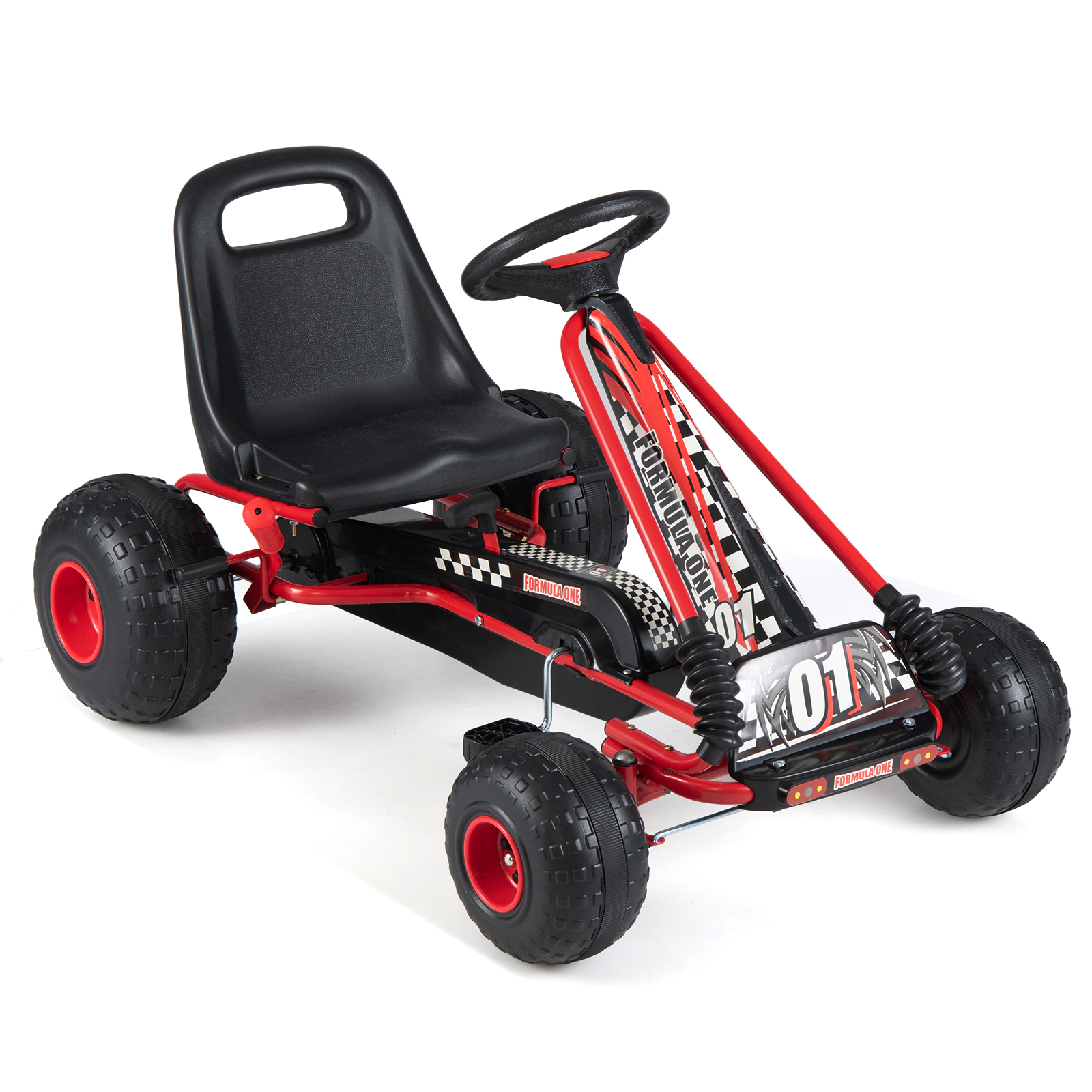 SUGIFT Kids Pedal Go Kart Red 4 Wheels with Adjustable Seat and Multi-Terrain Wheels