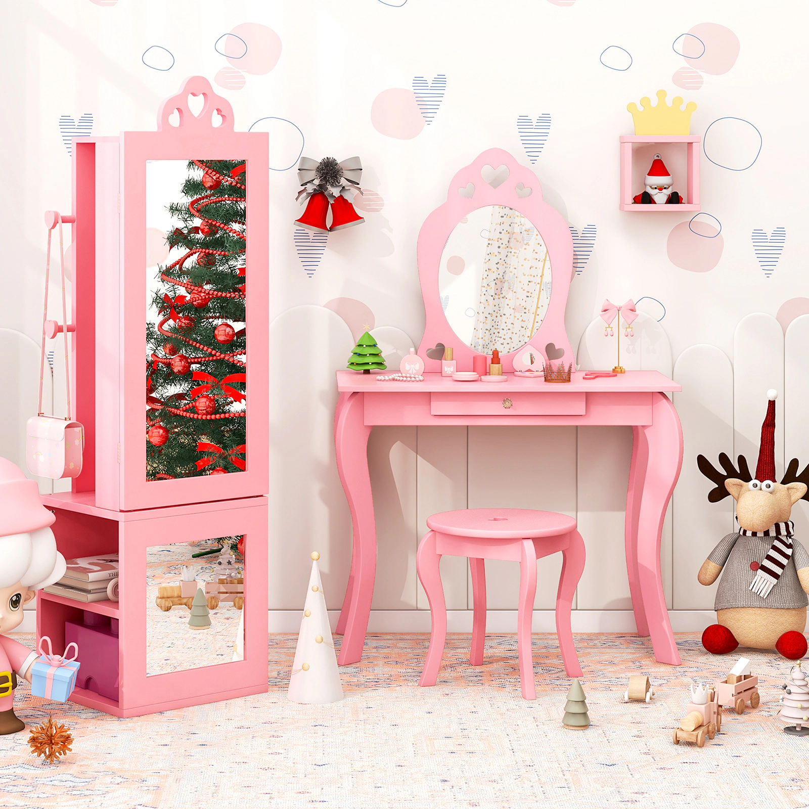 SUGIFT Freestanding Jewelry Armoire and Full-Length Mirror Kids Vanity Table Stool Set