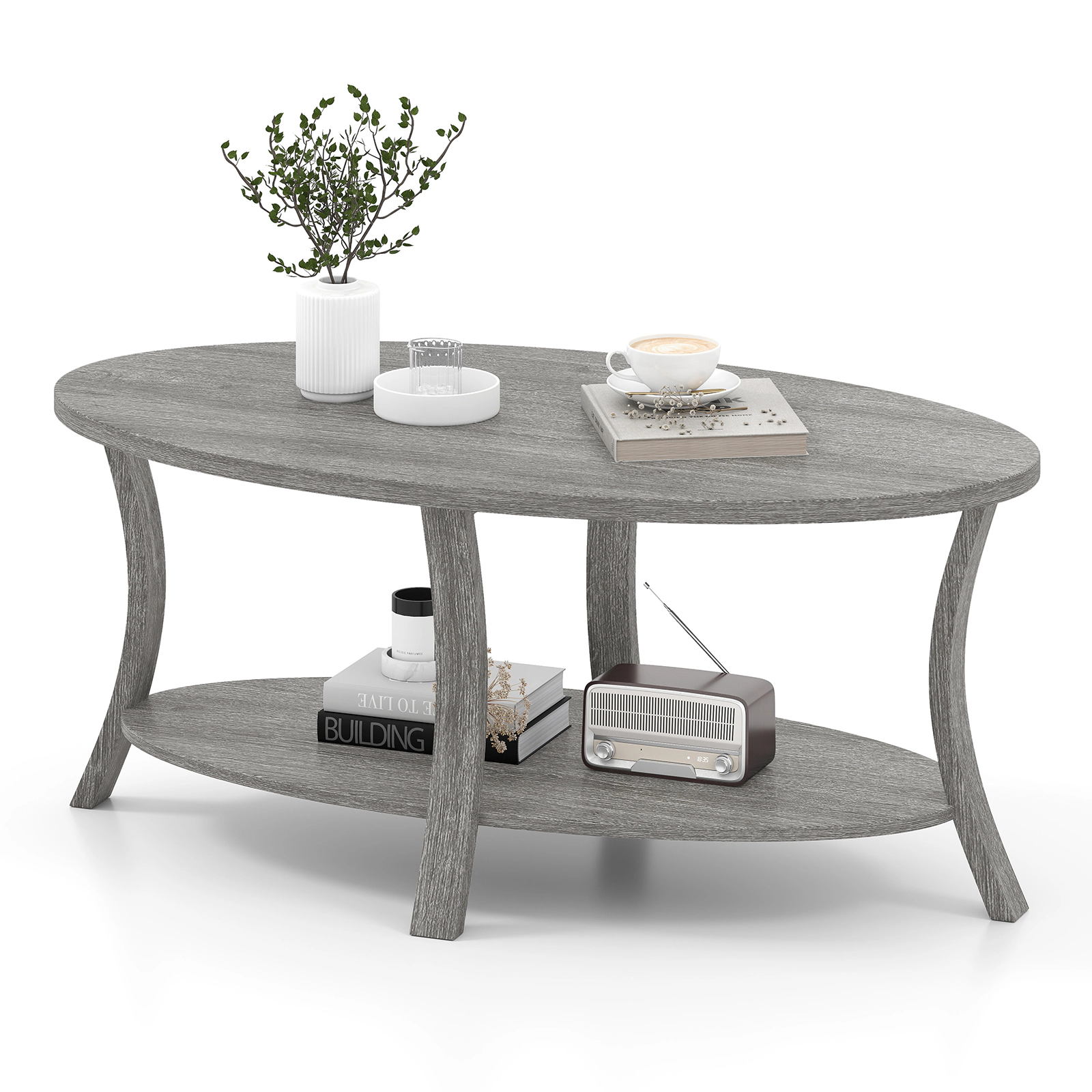 LJG Oval Coffee Table 2-Tier Center Table with Storage Shelf