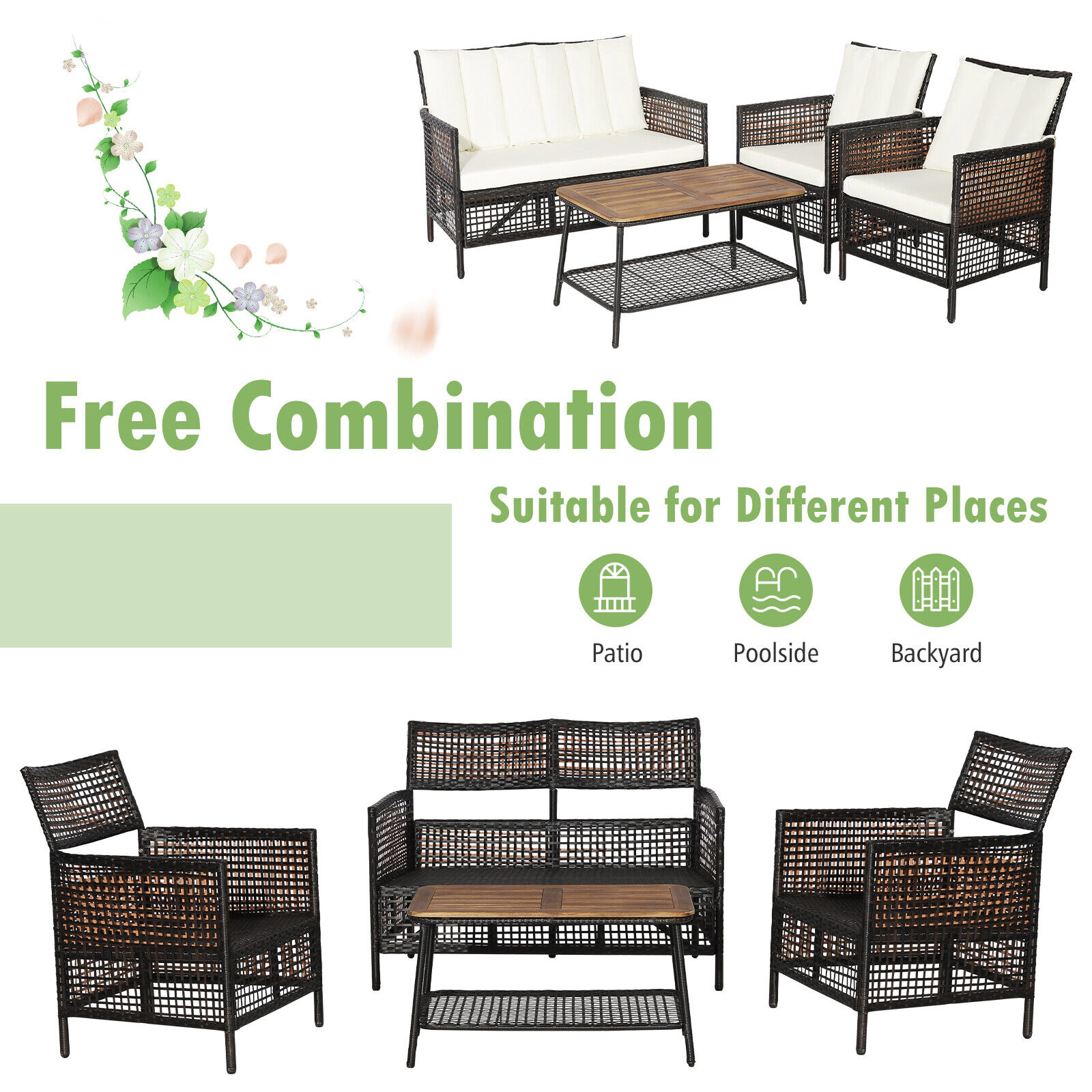 SUGIFT Patio Conversation Set Loveseat & 2-Tier Coffee Table 170-lb Tabletop Capacity Mix Reddish Brown Rattan Off White