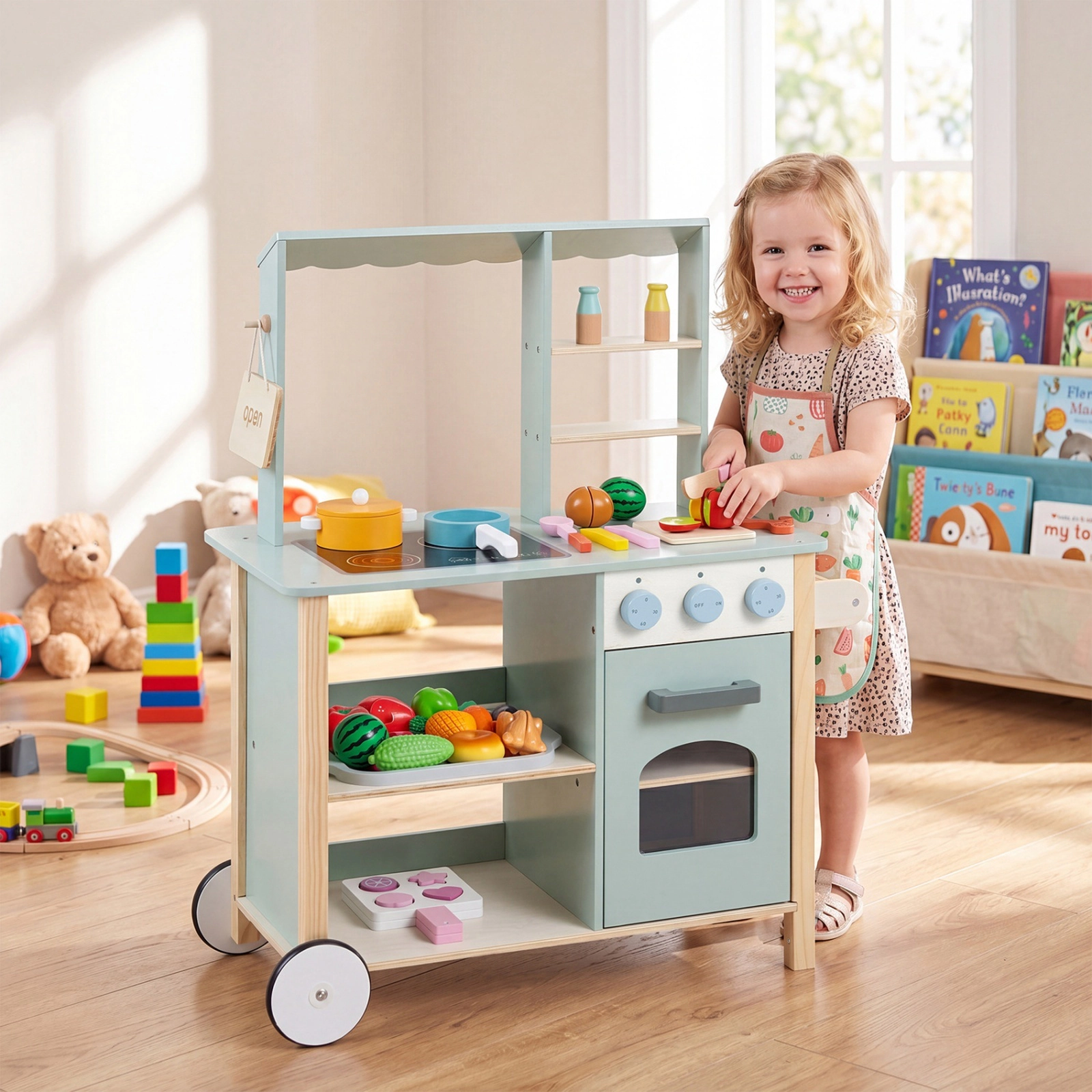 Wooden Kitchen Playset for Kids Rolling Wheels Oven Open Sign Cookware Accessories 26.5-in x 13.5-in x 32-in Green