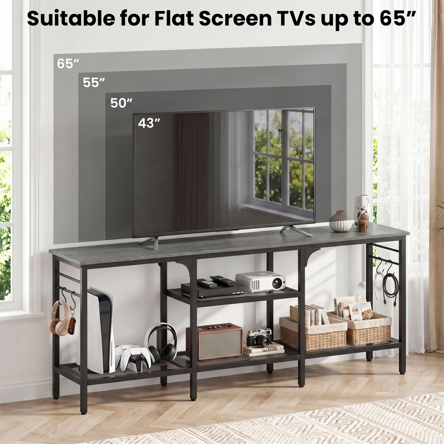 Glintex 55-Inch TV Stand with 3-Tier Open Shelves and 4 Hooks