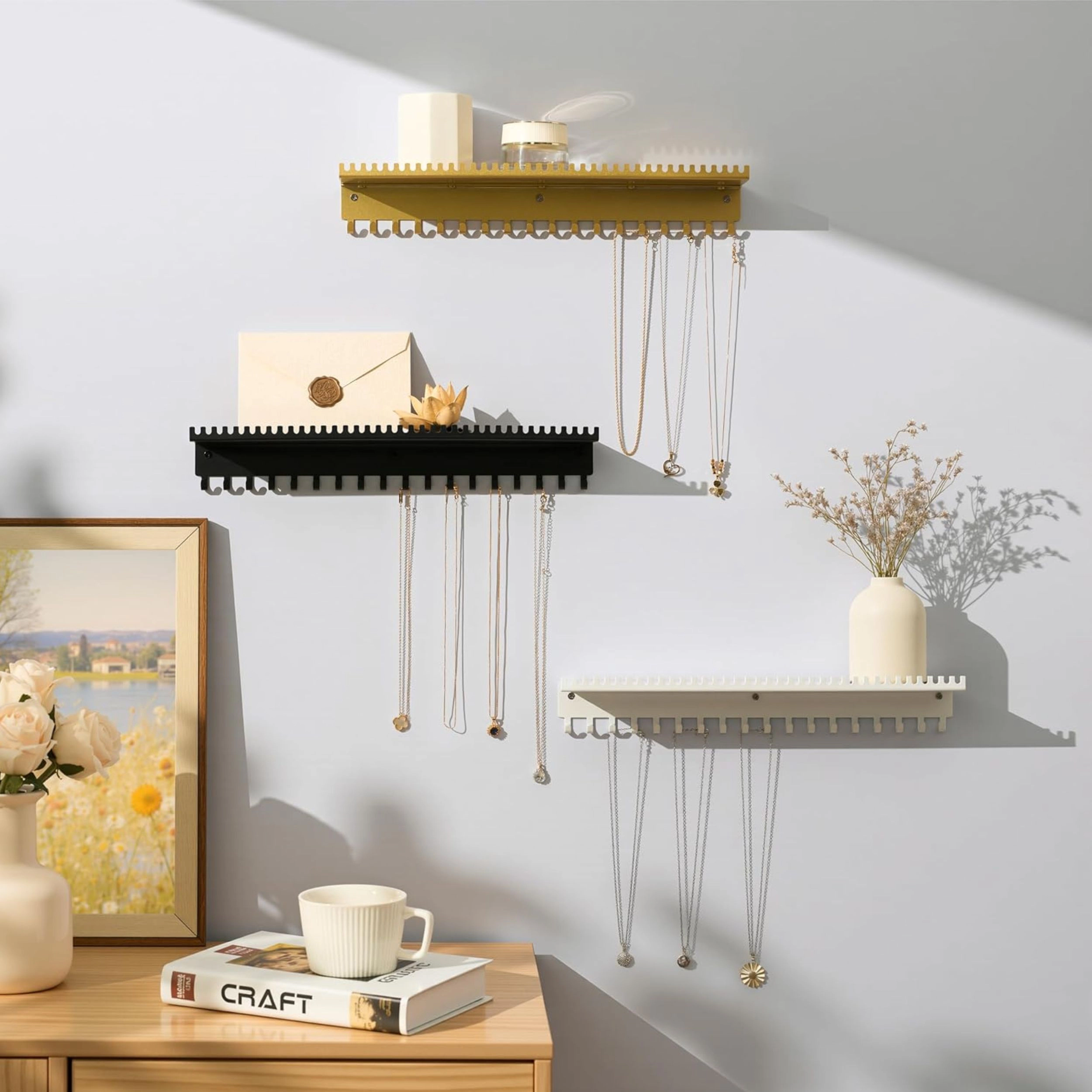 Stock Preferred Wall Mounted Jewelry Organizer with Shelf and 56 Hooks for Necklaces
