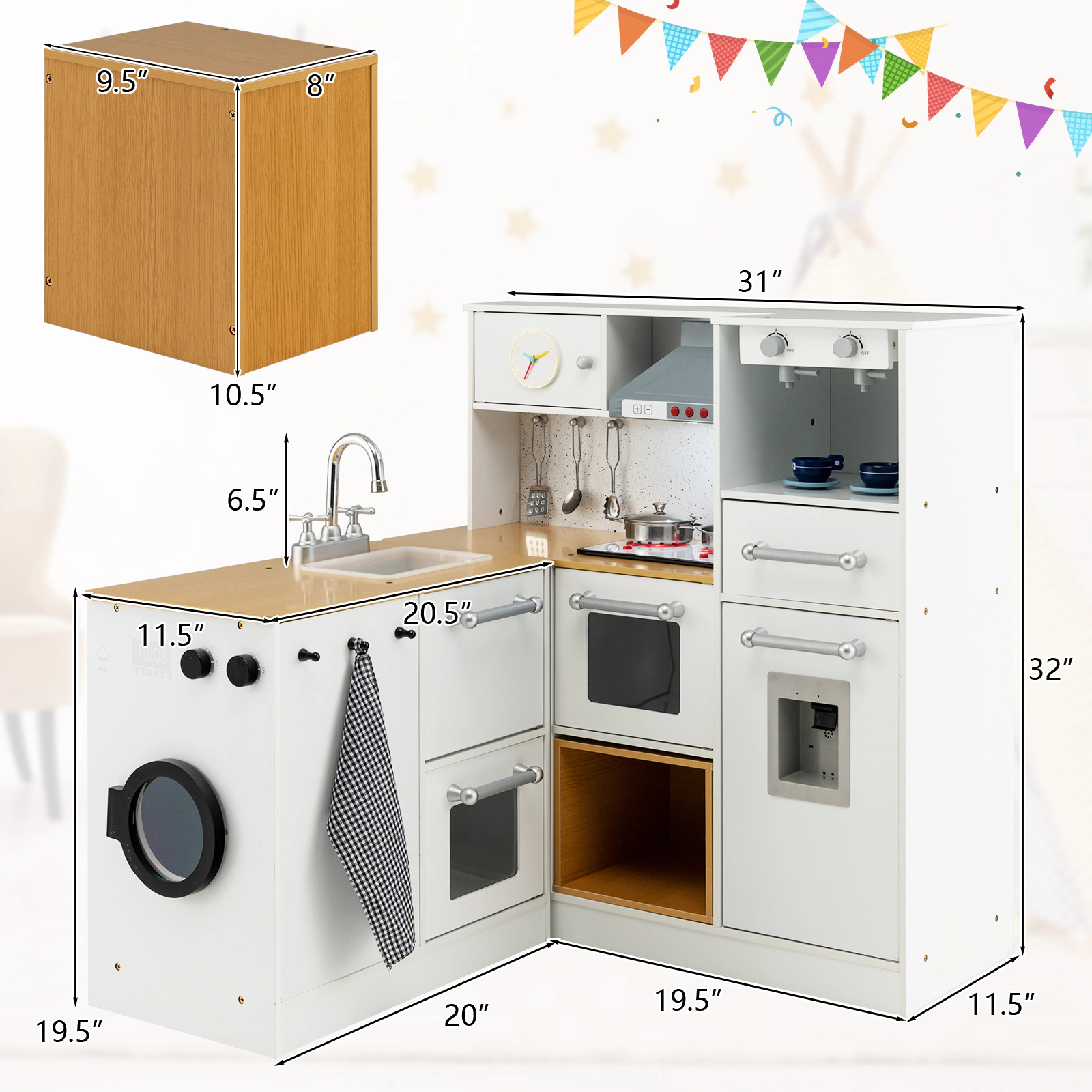 SUGIFT White Washing Machine Light and Sound 2-Piece Wooden Kids Kitchen Playset