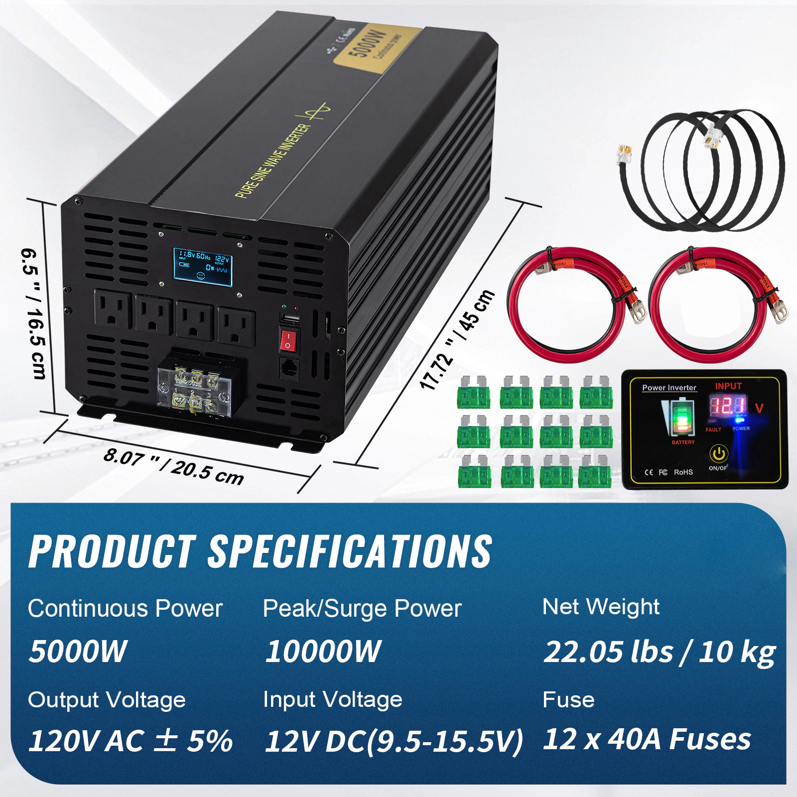 HONGGE Pure Sine Wave Inverter Power Inverter DC 12V to AC 120V Car Inverter with USB Port LCD Display and Remote