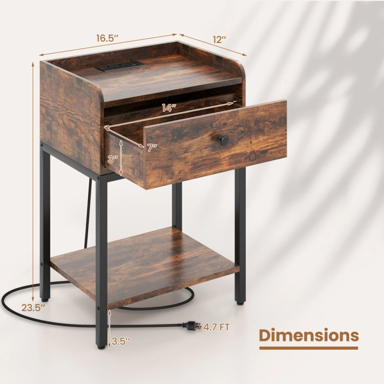SUGIFT Industrial Bedside Nightstand with Charging Station & Drawer 70-lb Tabletop Capacity Rustic Brown Engineered Wood