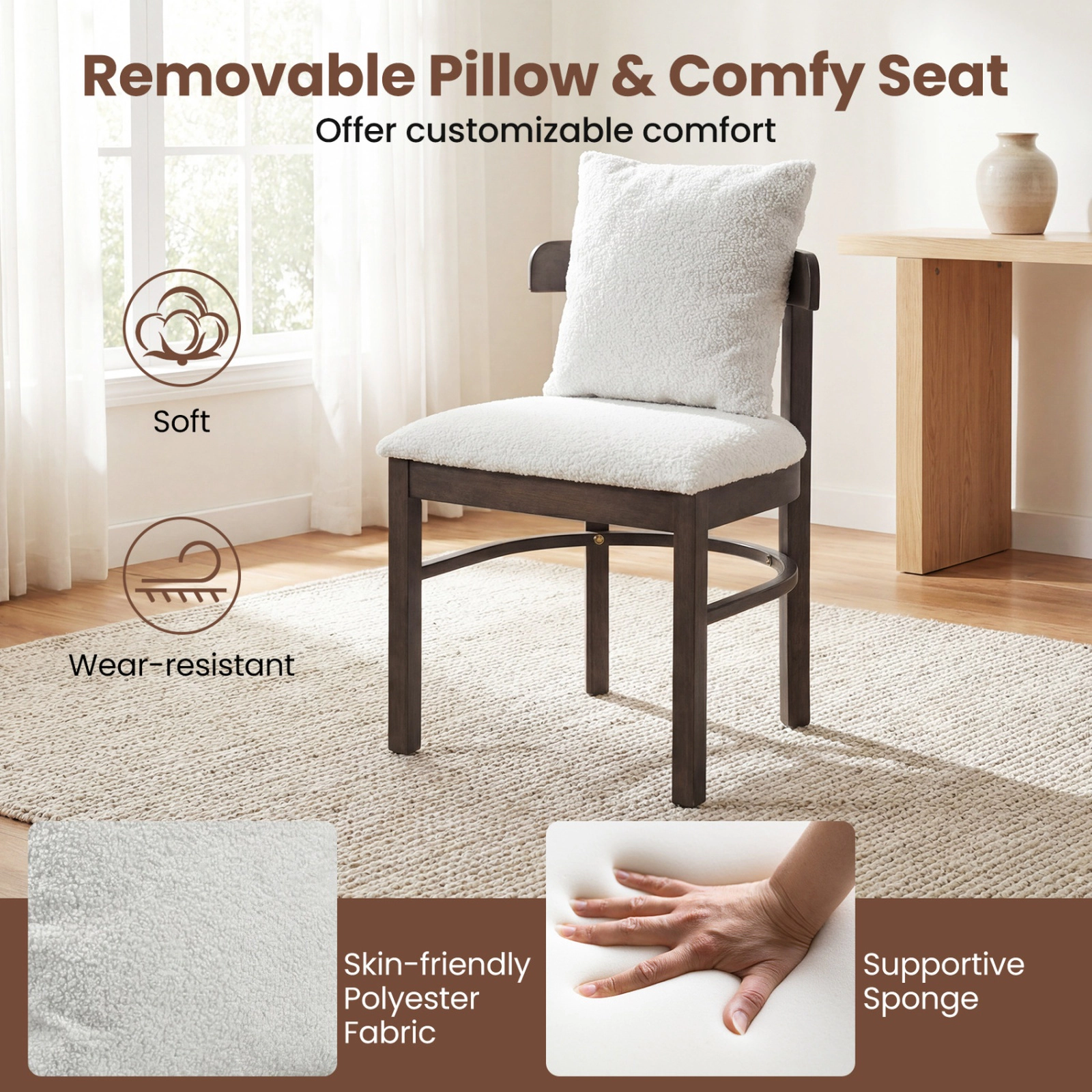 SUGIFT Fabric Upholstered Wood Dining Chairs Set of 4 with Removable Pillow 330-Lb Capacity Gray + Brown