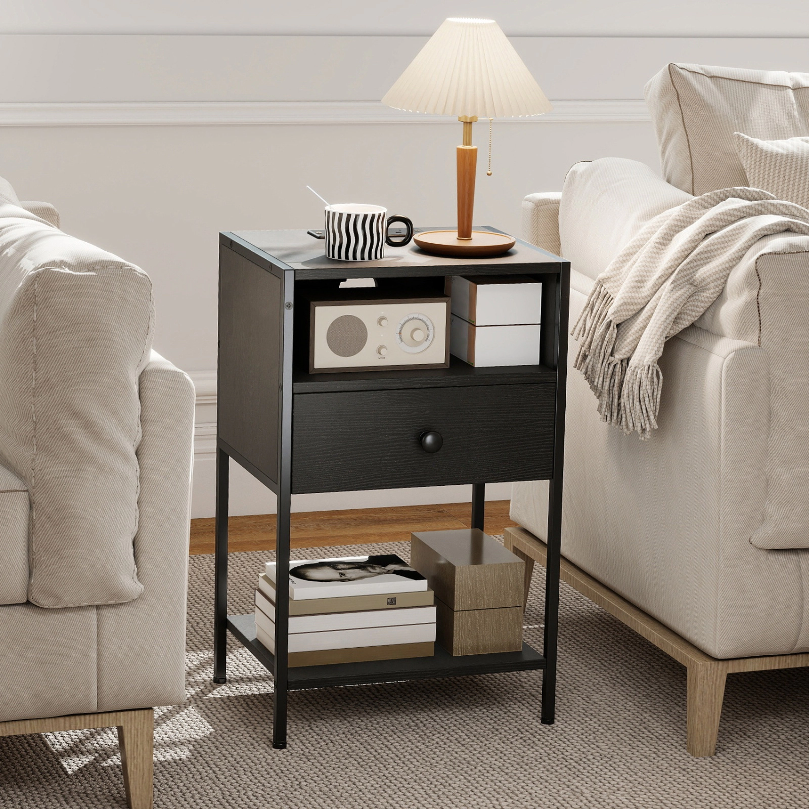 SUGIFT Integrated Charging Station Nightstand Bedside Table 66-lb Top Capacity Engineered Wood and Carbon Steel Black