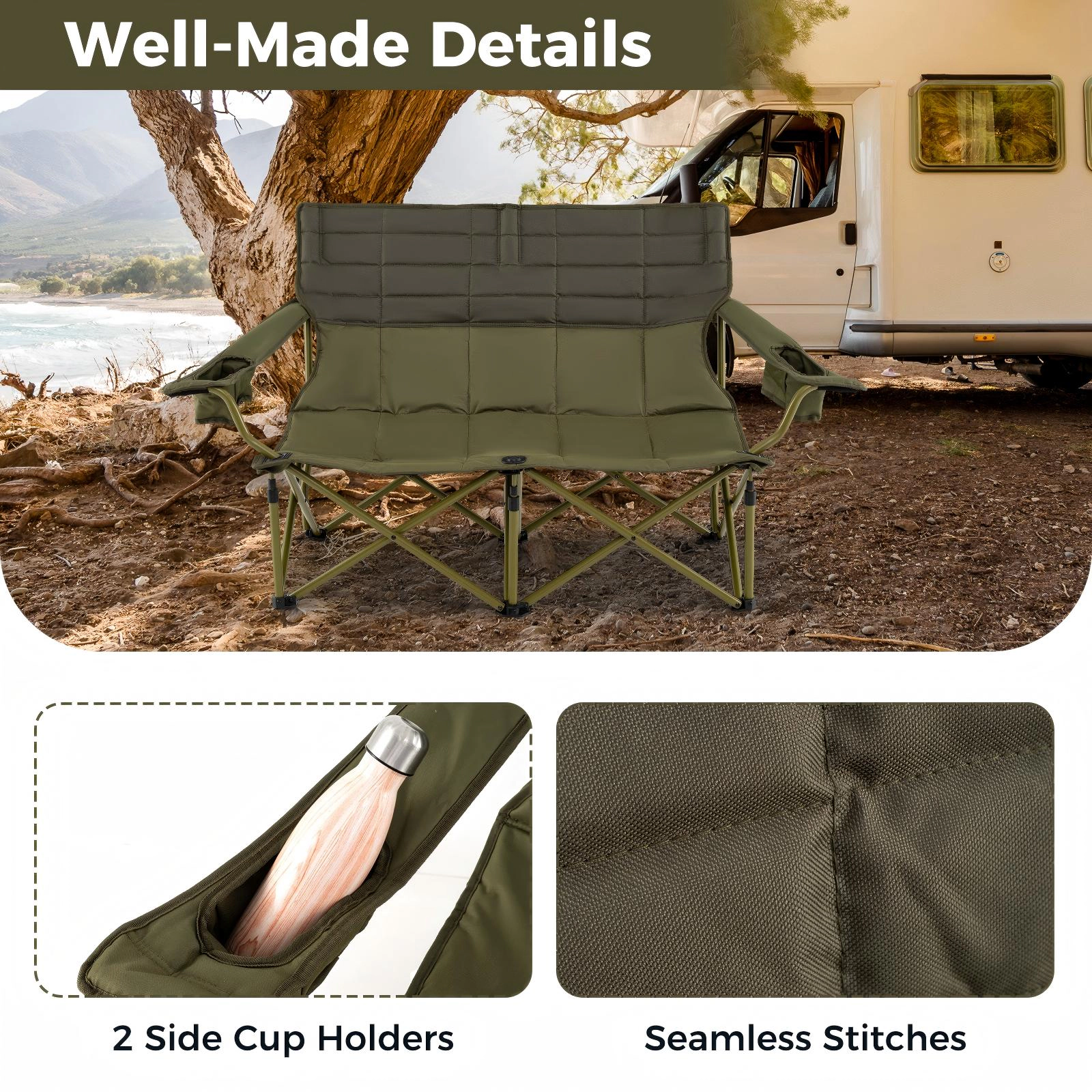 SUGIFT 660-lb Capacity Oversized Folding Double Camping Chair Loveseat Couch with Dual Cup Holders and Padded Seat