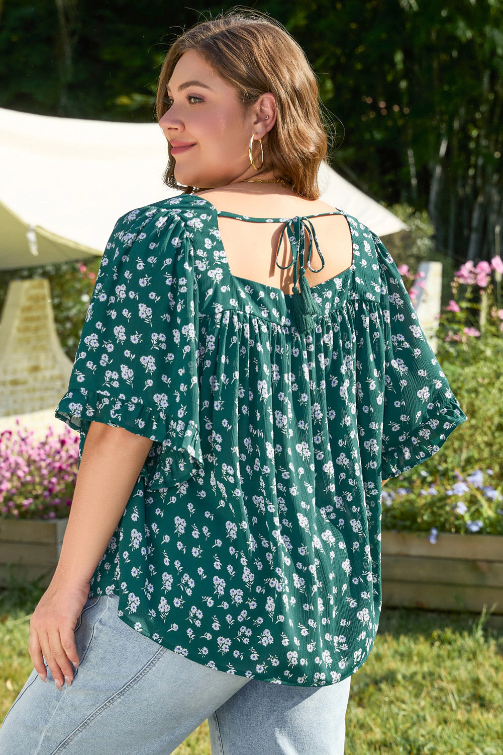 Threaded Pear Women's Adelynn Square Ruffled Trim PLUS Blouse