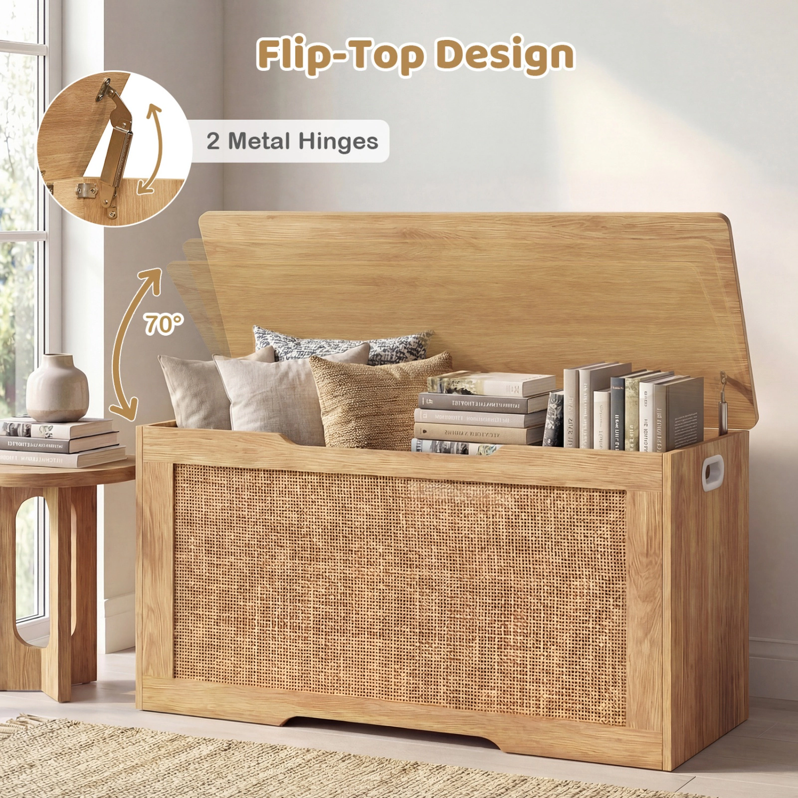 SUGIFT Kids Flip Top 2 Soft-Close Hinges Rattan Front Toy Box Storage Bench 40-in x 16-in x 20-in 350-lb Natural