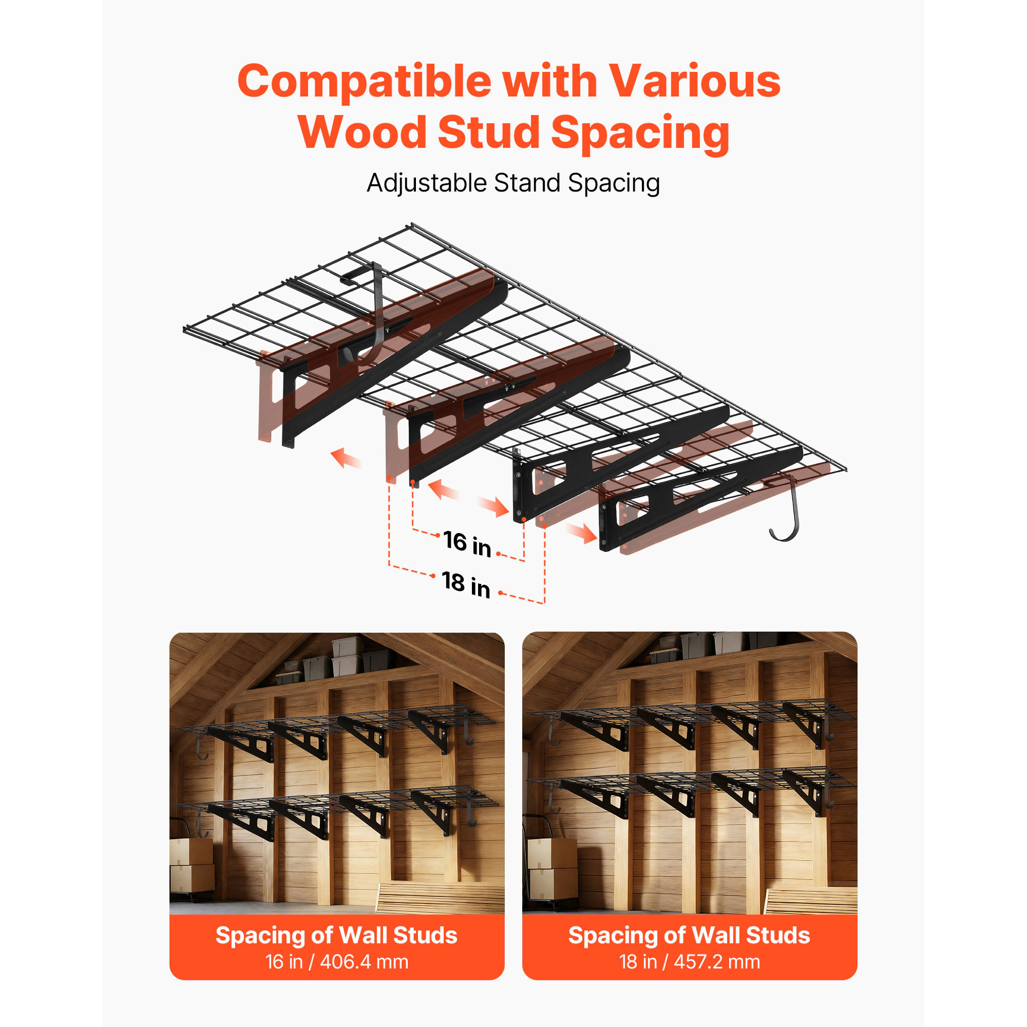 HONGGE 2-Tier Heavy Duty Wall Garage Shelving Steel Wall Mounted Shelving Unit with Hooks Per Shelf Floating Storage